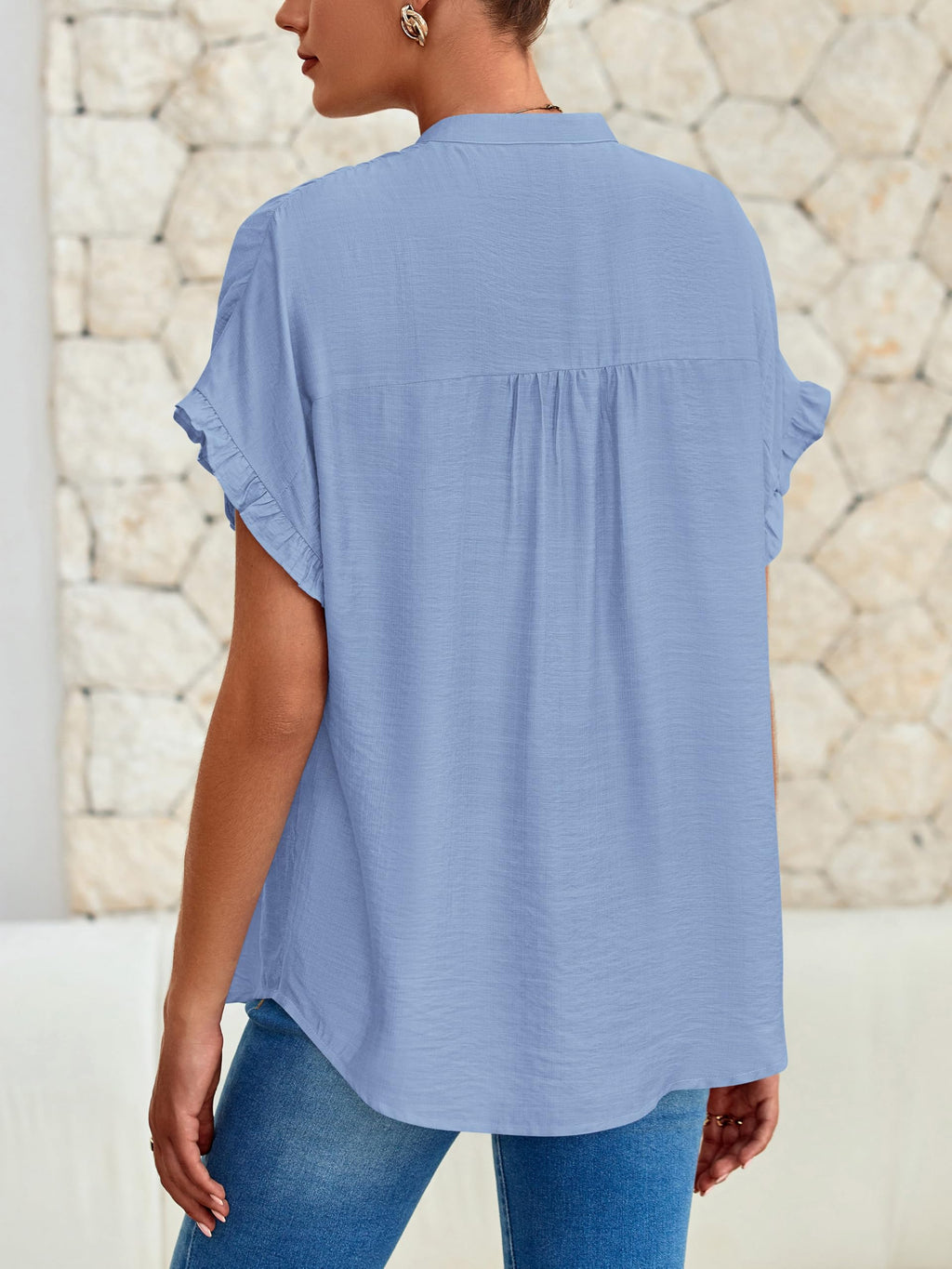 FreshPretty Womens Button Down Shirts Ruffle Short Sleeve Loose Summer Tops Dressy Casual V Neck Business Work Blouses