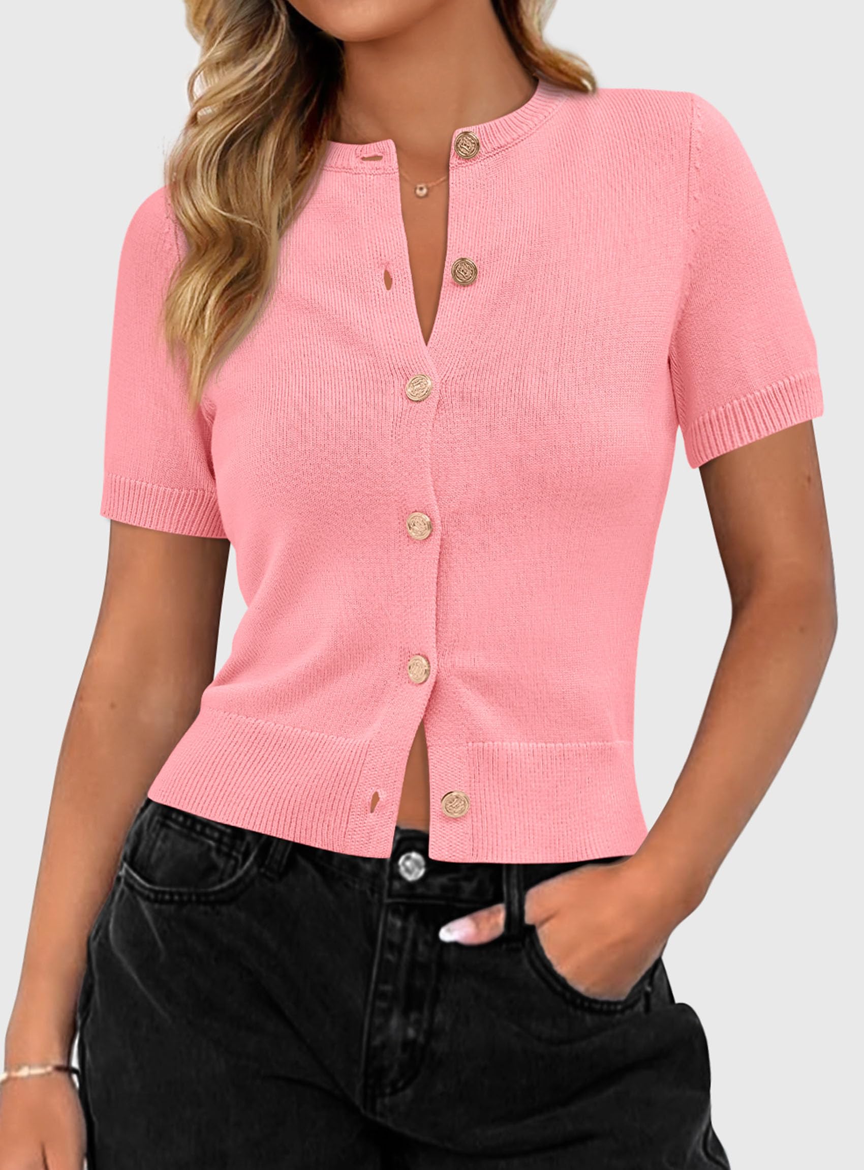 PRETTYGARDEN Womens Casual Summer Short Sleeve Cardigans Button Down Knitted Sweater Basic Crew Neck Crop Tops