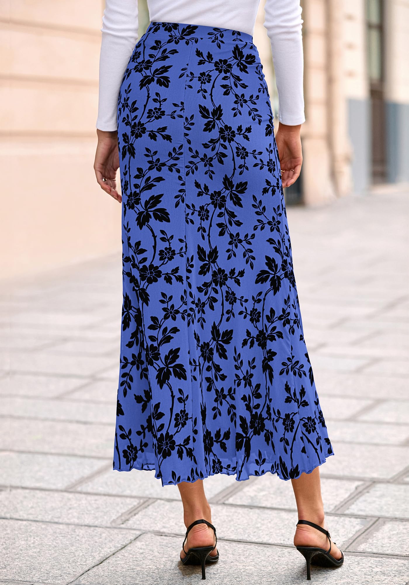 BTFBM Womens Floral Mesh Maxi Skirt Spring Summer Elastic High Waisted Boho Elegant Mermaid Long Skirts for Women