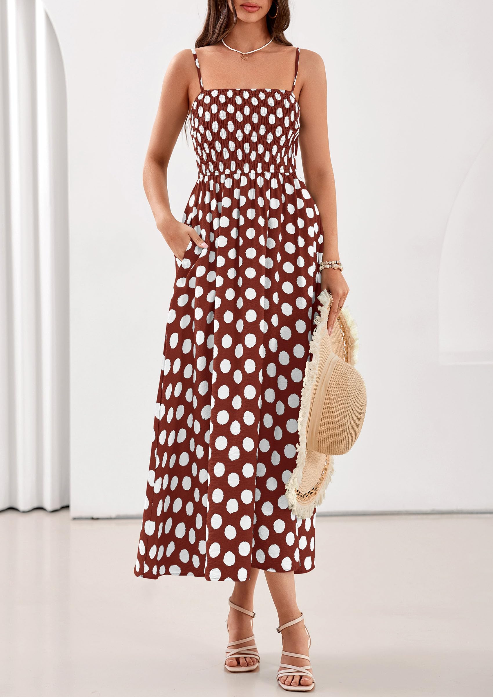 PRETTYGARDEN Womens Polka Dot Dress Summer Sleeveless Spaghetti Straps Smocked Sun Dress Flowy Spring Beach Midi Dresses
