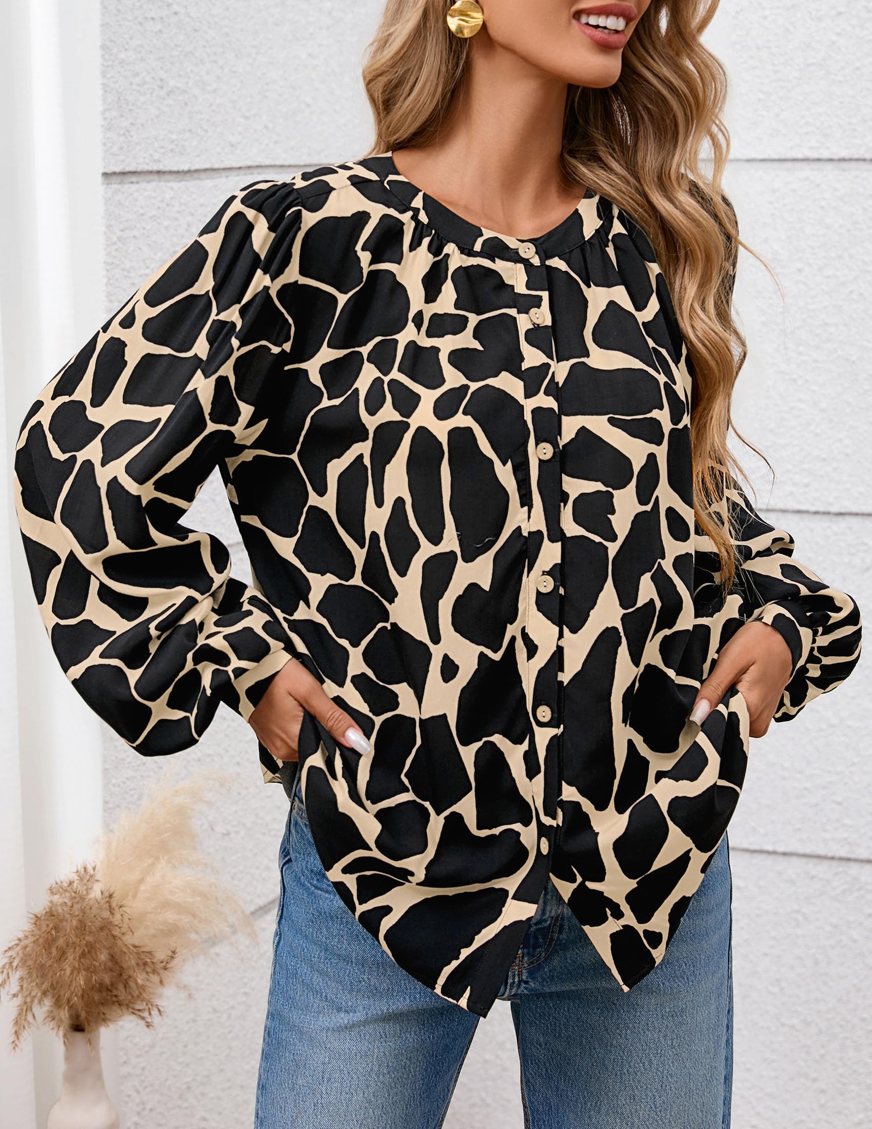 PRETTYGARDEN Women's Floral Button Down Blouse Fall Fashion Dressy Casual Long Sleeve Oversized Shirts Top Boho Clothes