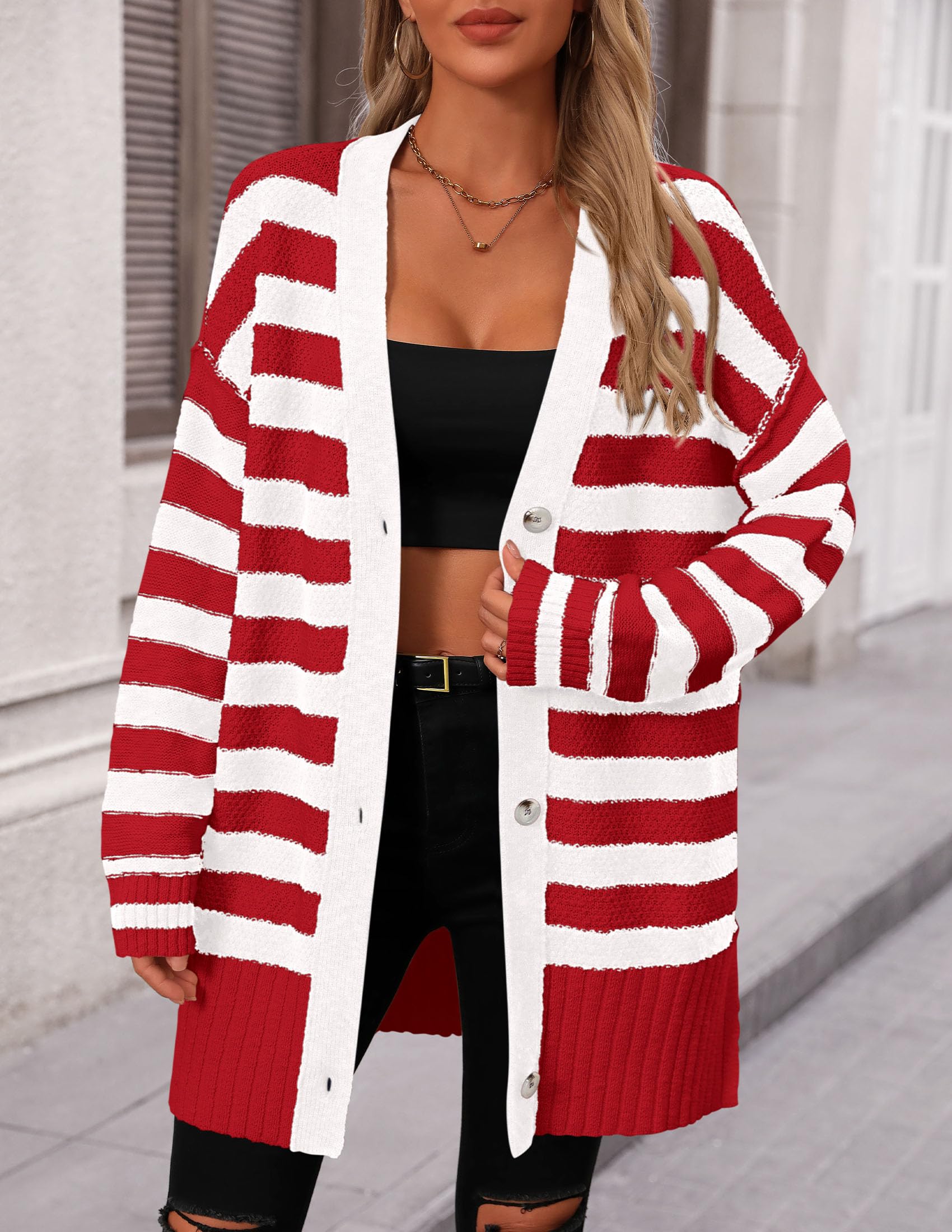 PRETTYGARDEN Women's Winter Striped Cardigan Sweaters Long Sleeve Button Down Open Front Chunky Knit Oversized Sweater Coat