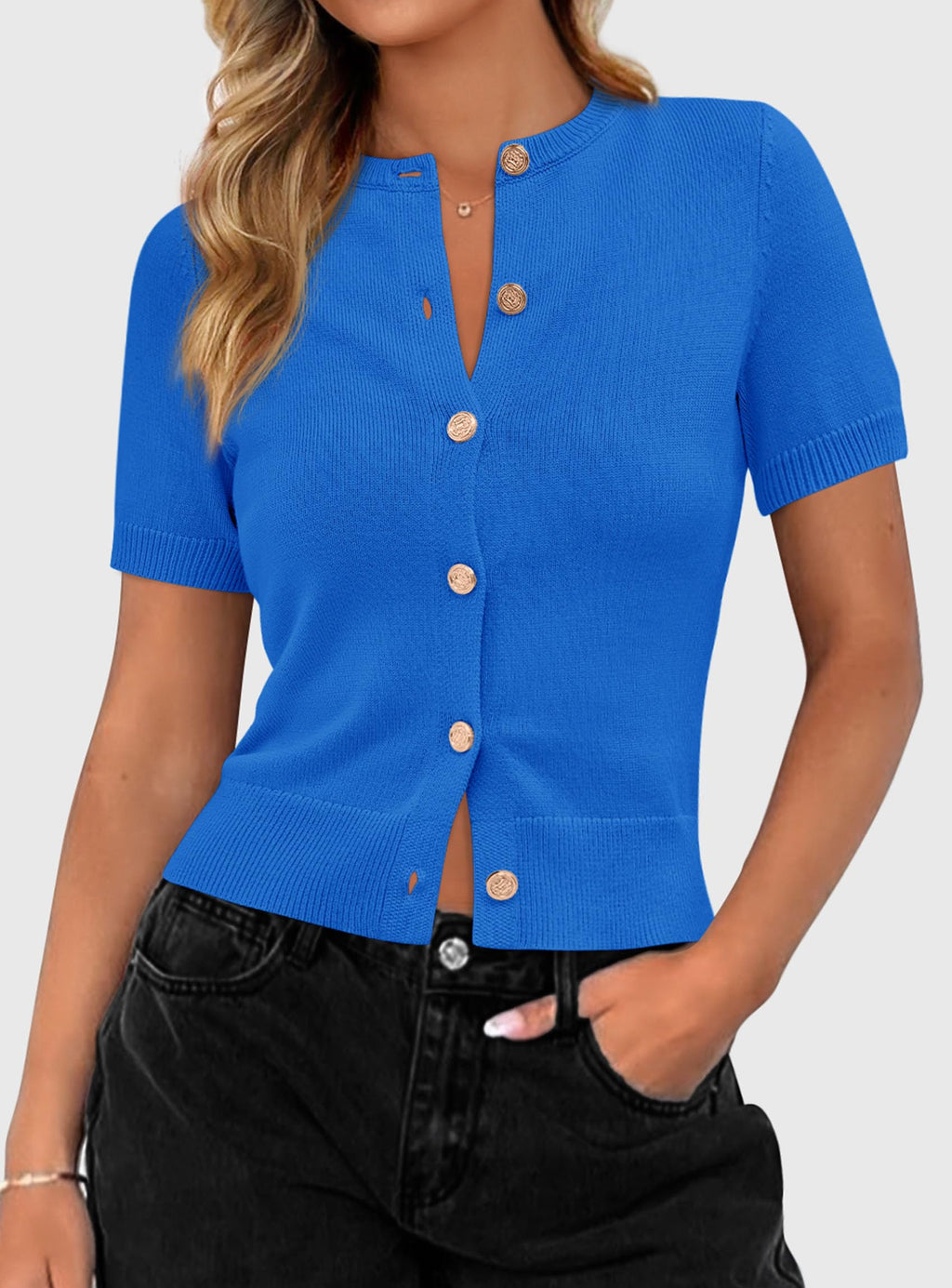 PRETTYGARDEN Womens Casual Summer Short Sleeve Cardigans Button Down Knitted Sweater Basic Crew Neck Crop Tops