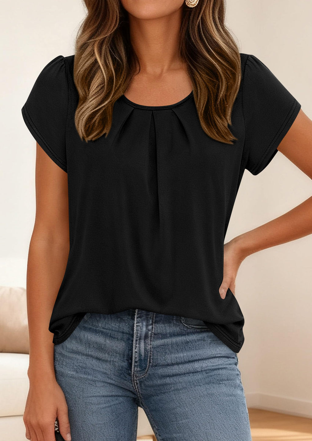 PRETTYGARDEN Womens Tops Dressy Casual Summer Short Sleeve Blouses Crew Neck Pleated Basic T Shirts Spring Clothes