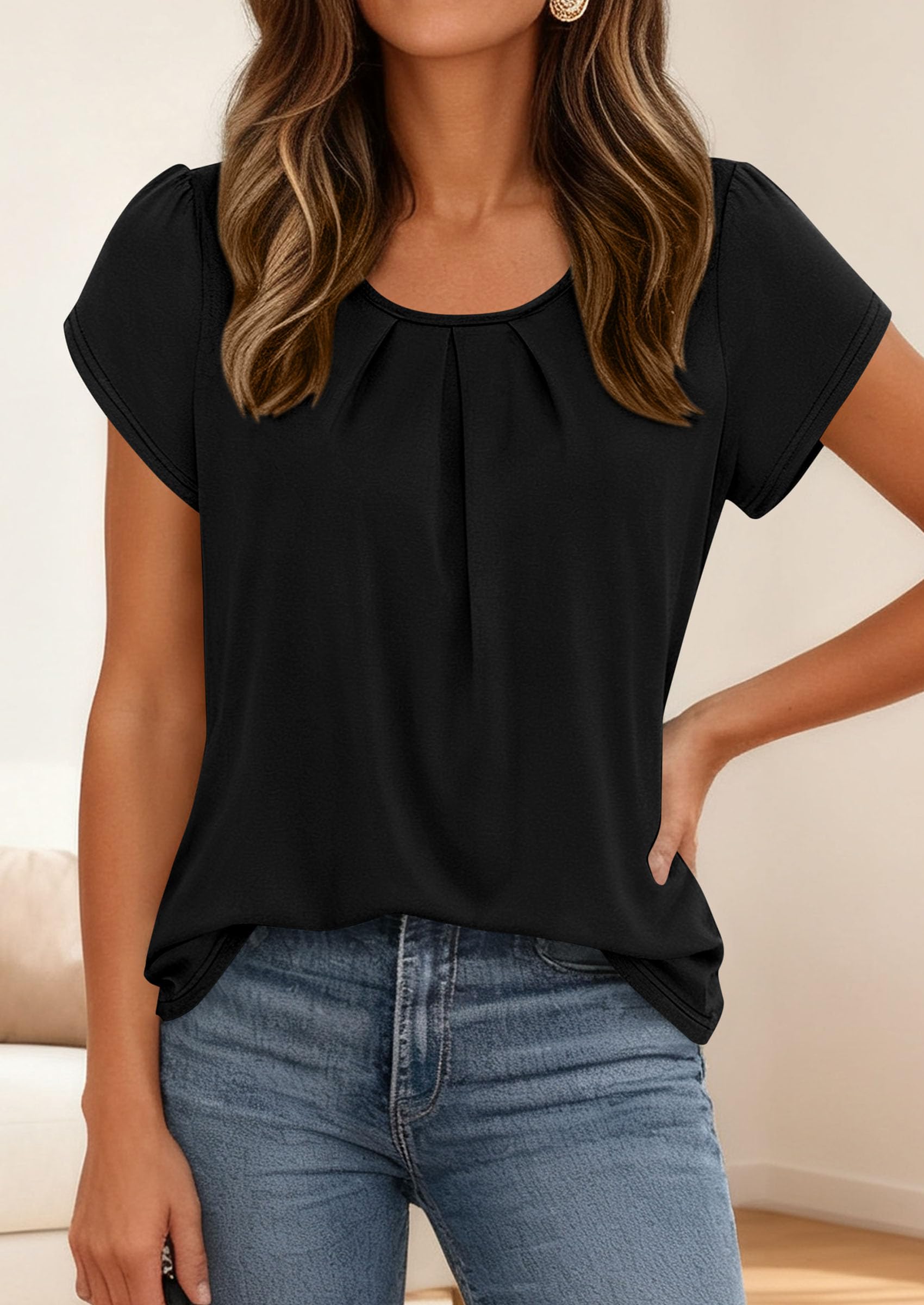 PRETTYGARDEN Womens Tops Dressy Casual Summer Short Sleeve Blouses Crew Neck Pleated Basic T Shirts Spring Clothes