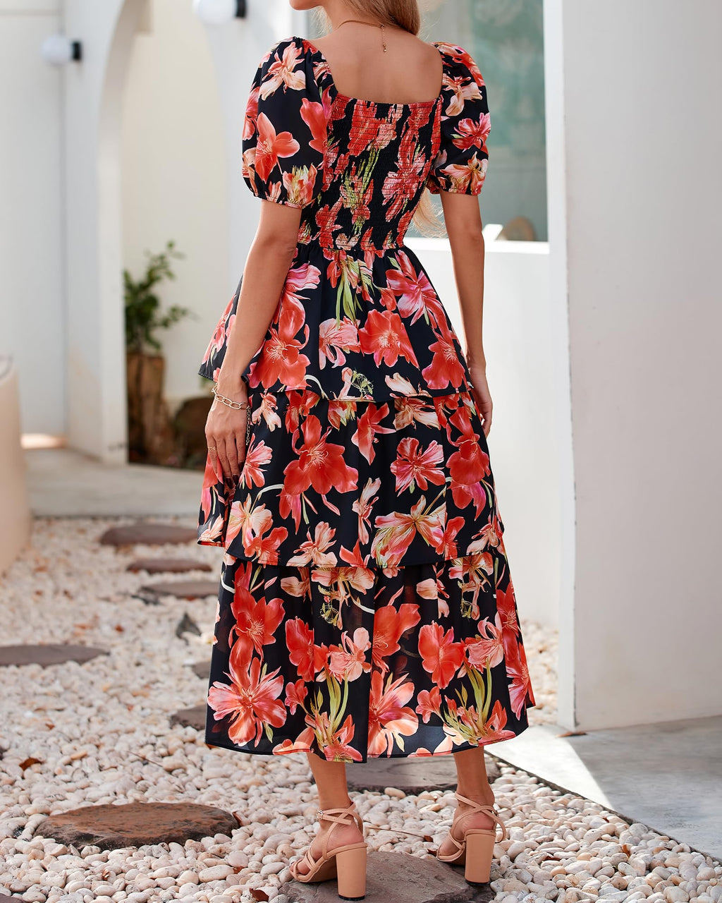 BTFBM Womens Square Neck Smocked Dress Summer Puff Short Sleeve Floral Casual Ruffle Tiered Maxi Wedding Guest Dresses