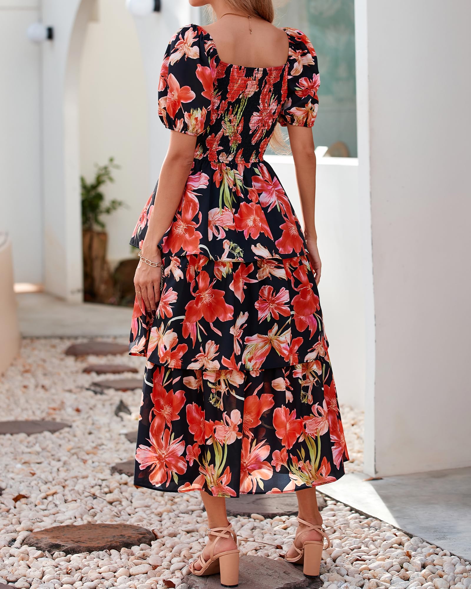 BTFBM Womens Square Neck Smocked Dress Summer Puff Short Sleeve Floral Casual Ruffle Tiered Maxi Wedding Guest Dresses