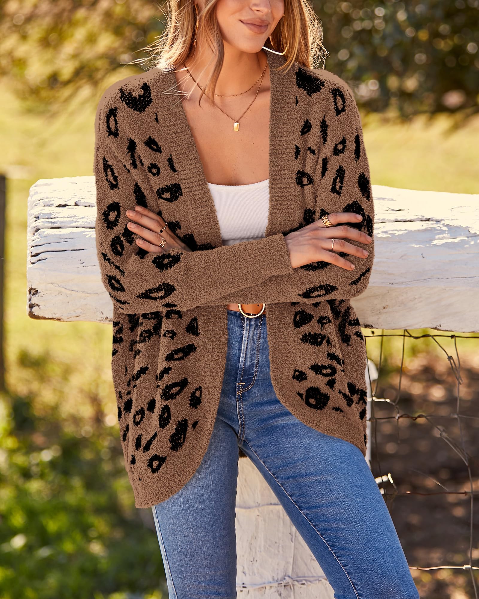 BTFBM Leopard Cardigan for Women Long Sleeve Open Front Cardigans Sweaters Pockets Loose Knit Fall Spring Outwear