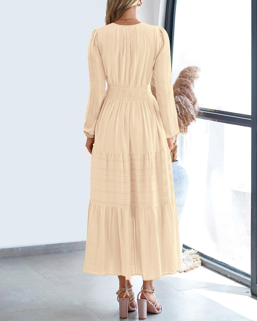 BTFBM Spring Dresses for Women 2026 Casual Long Sleeve V Neck Elastic Waist Lightweight Maxi Wedding Guest Dress Pockets