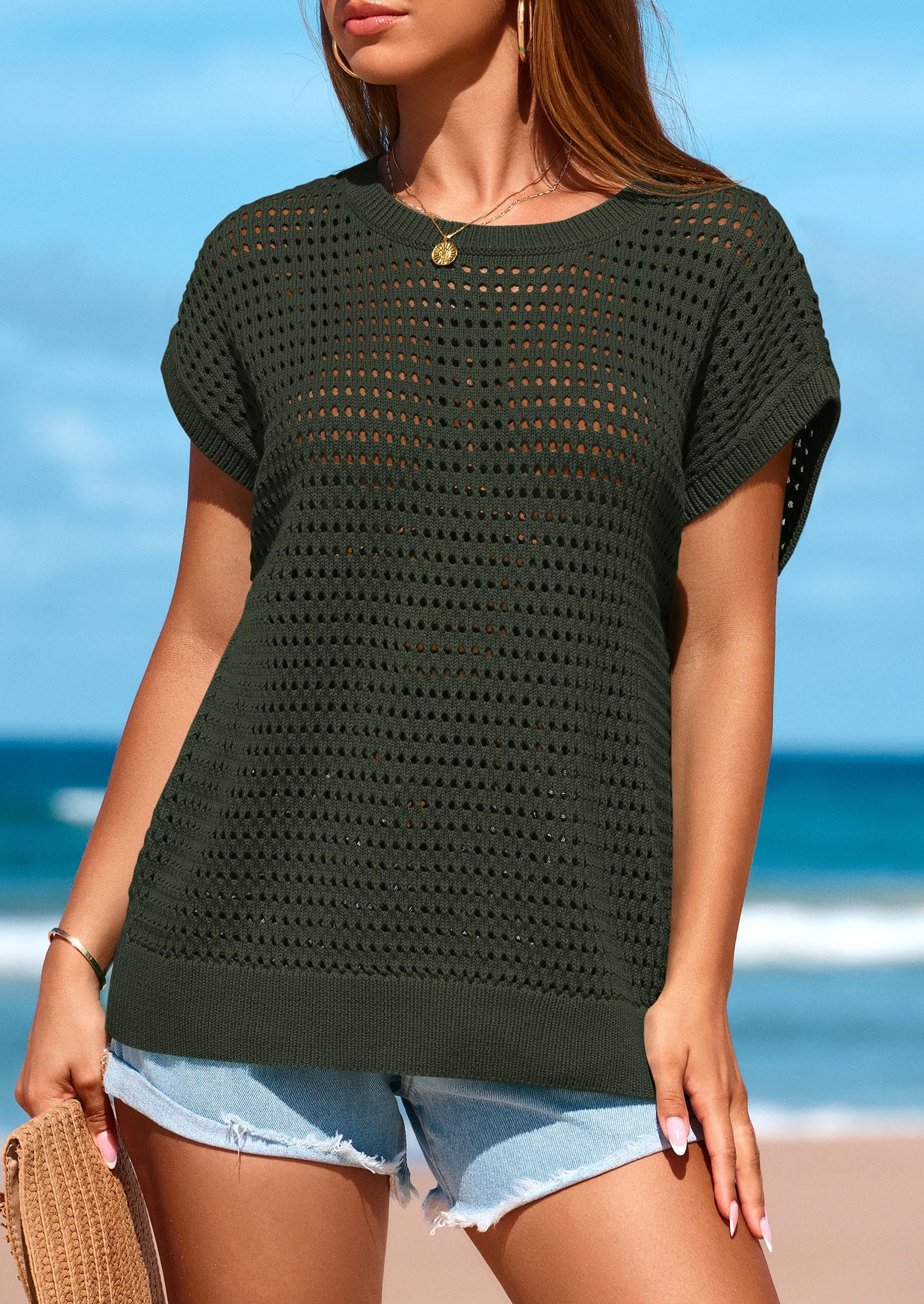 PRETTYGARDEN Womens Spring Tops Summer Shirts Crochet Cap Sleeve Sweater Pullover Cute Beach Vacation Clothes