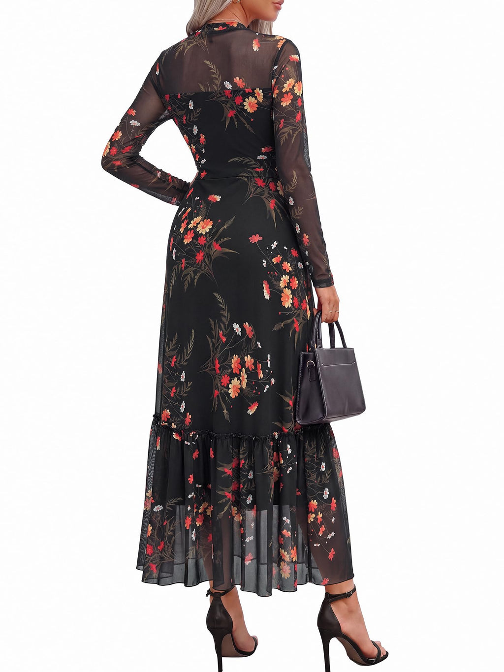 BTFBM Boho Mesh Long Sleeve Dress for Women | Mock Neck, Floral, A Line, Tiered, Graduation, Wedding, Cocktail Maxi Dresses, Fall Fashion, Resort Wear