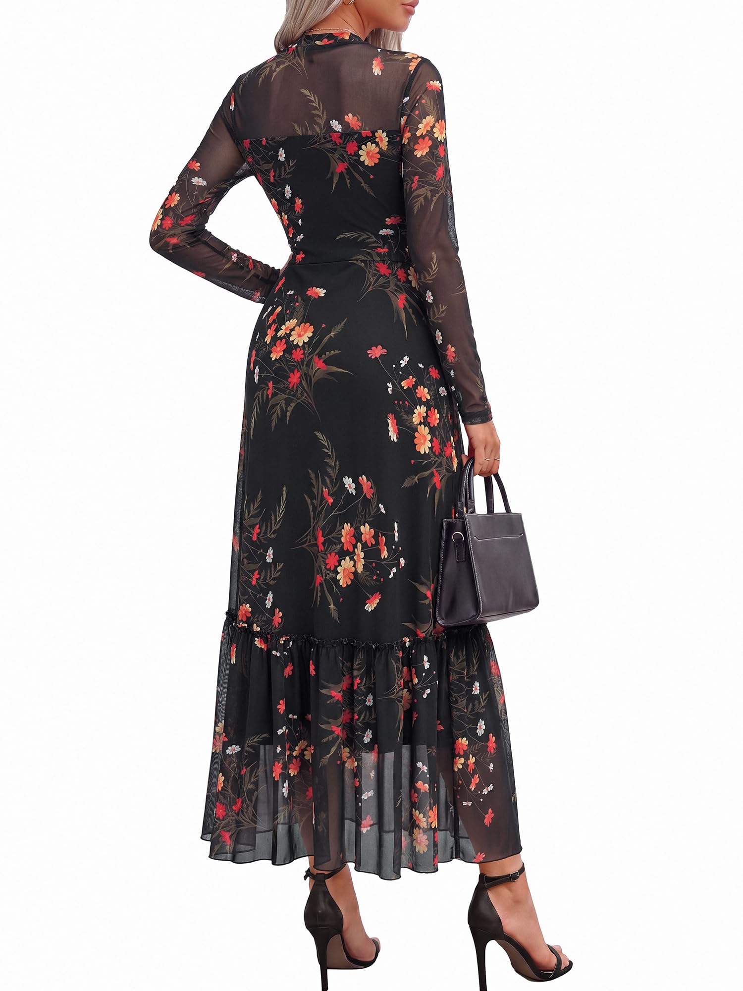 BTFBM Boho Mesh Long Sleeve Dress for Women | Mock Neck, Floral, A Line, Tiered, Graduation, Wedding, Cocktail Maxi Dresses, Fall Fashion, Resort Wear