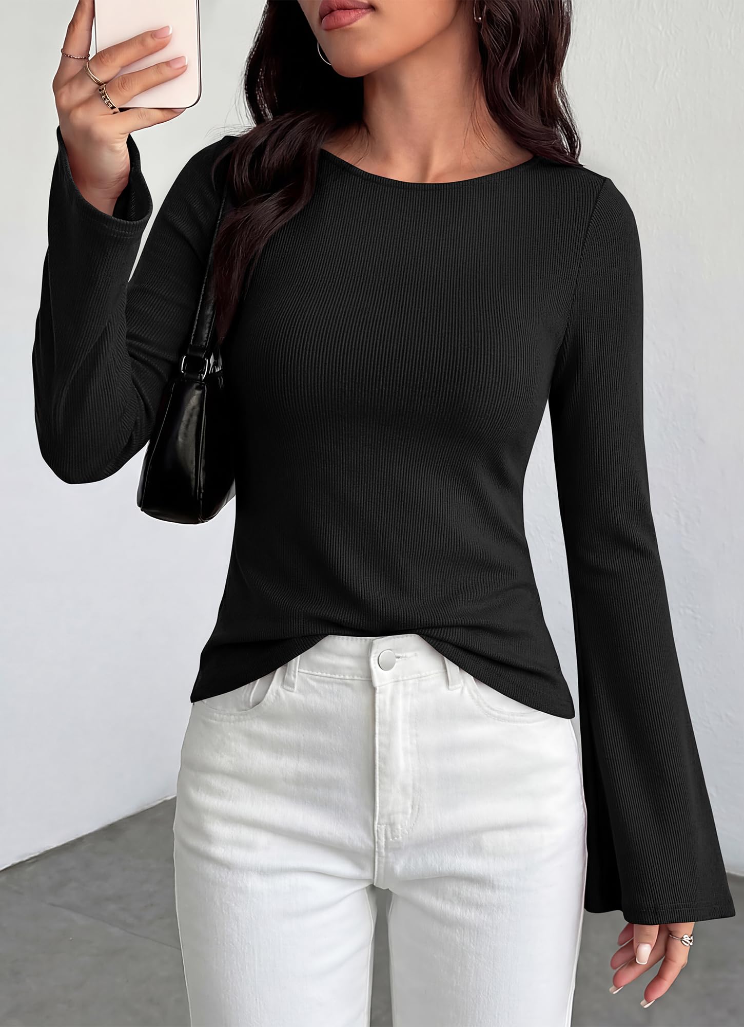 BTFBM Long Sleeve Shirts for Women Spring Y2K Clothes Casual Boat Neck Bell Sleeve Fitted Fall Going Out Tops