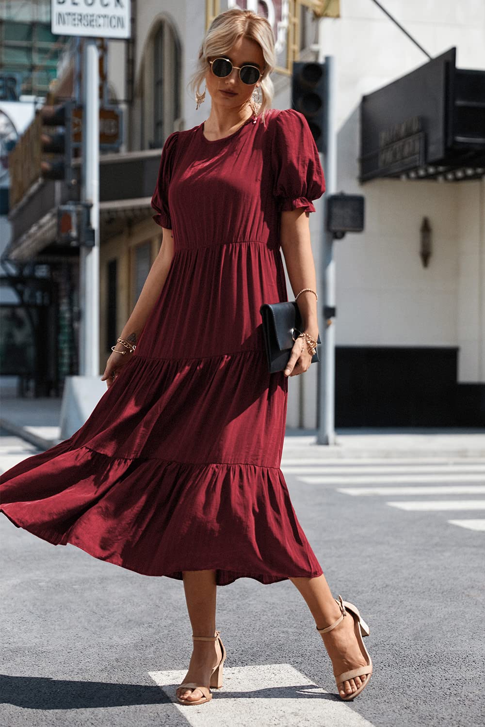 PRETTYGARDEN Summer Dresses for Women Casual Floral Boho Midi Sun Dress Puff Short Sleeve Flowy Beach Vacation Sundress