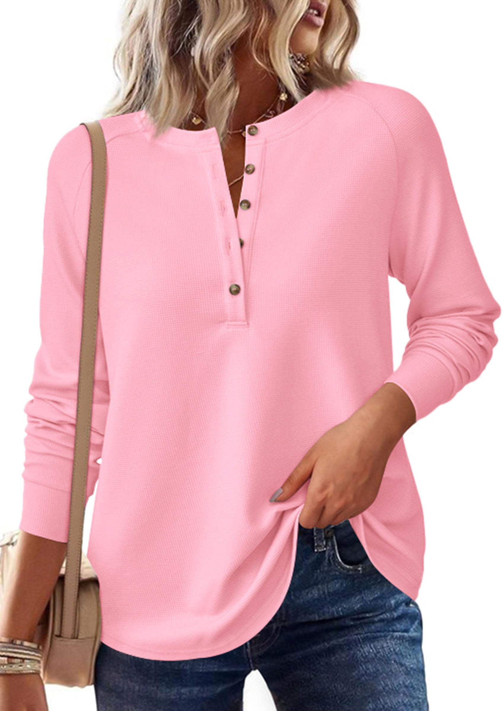 PRETTYGARDEN Women's Long Sleeve Waffle Knit Shirts Fall Casual Button Up Henley V Neck Tunic Tops Loose Fit Basic Tees