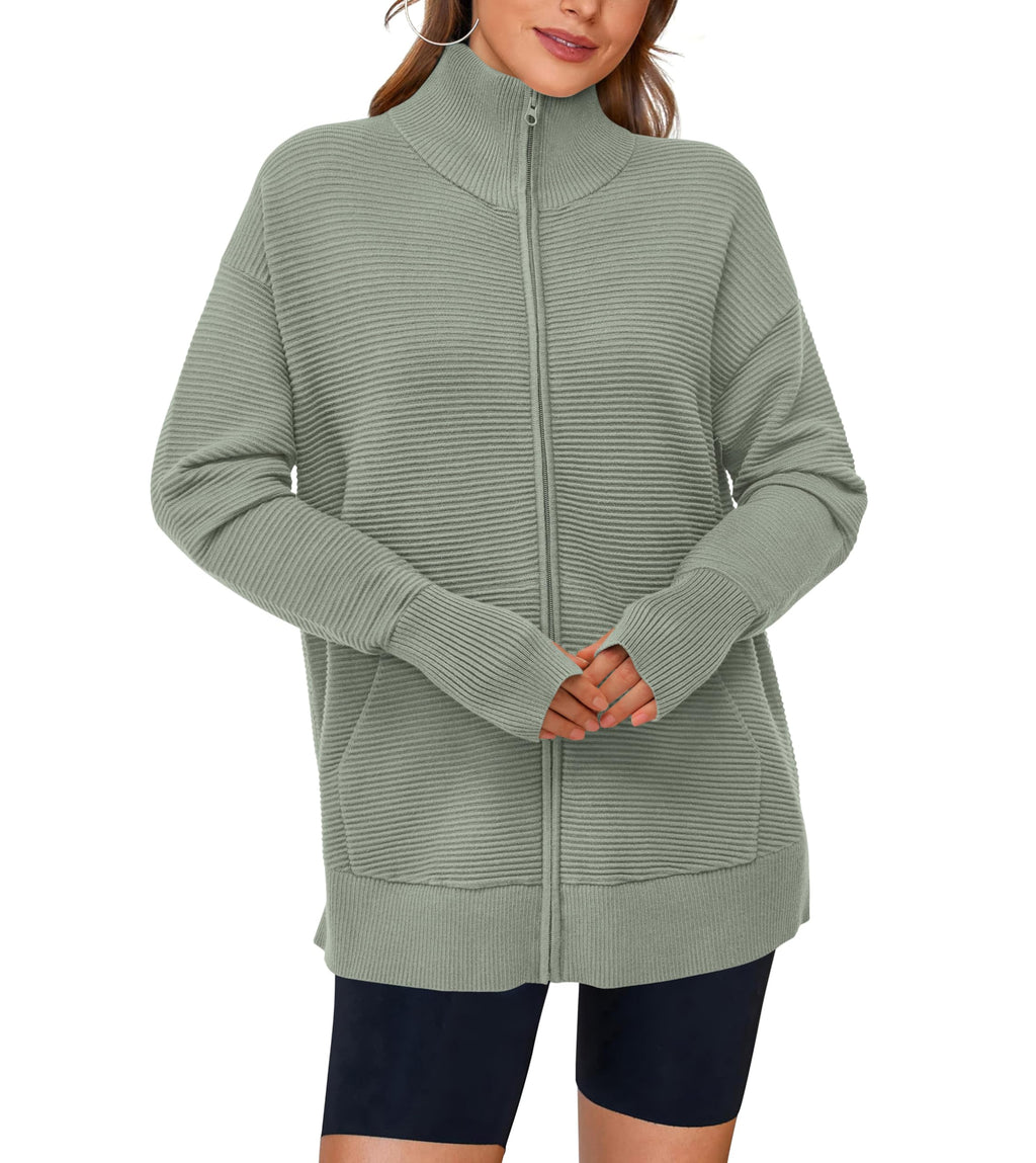 PRETTYGARDEN Womens Fall Long Sleeve Zip Up Cardigan Sweaters Casual Loose Collared Ribbed Knit Tops Jackets Thumb Hole