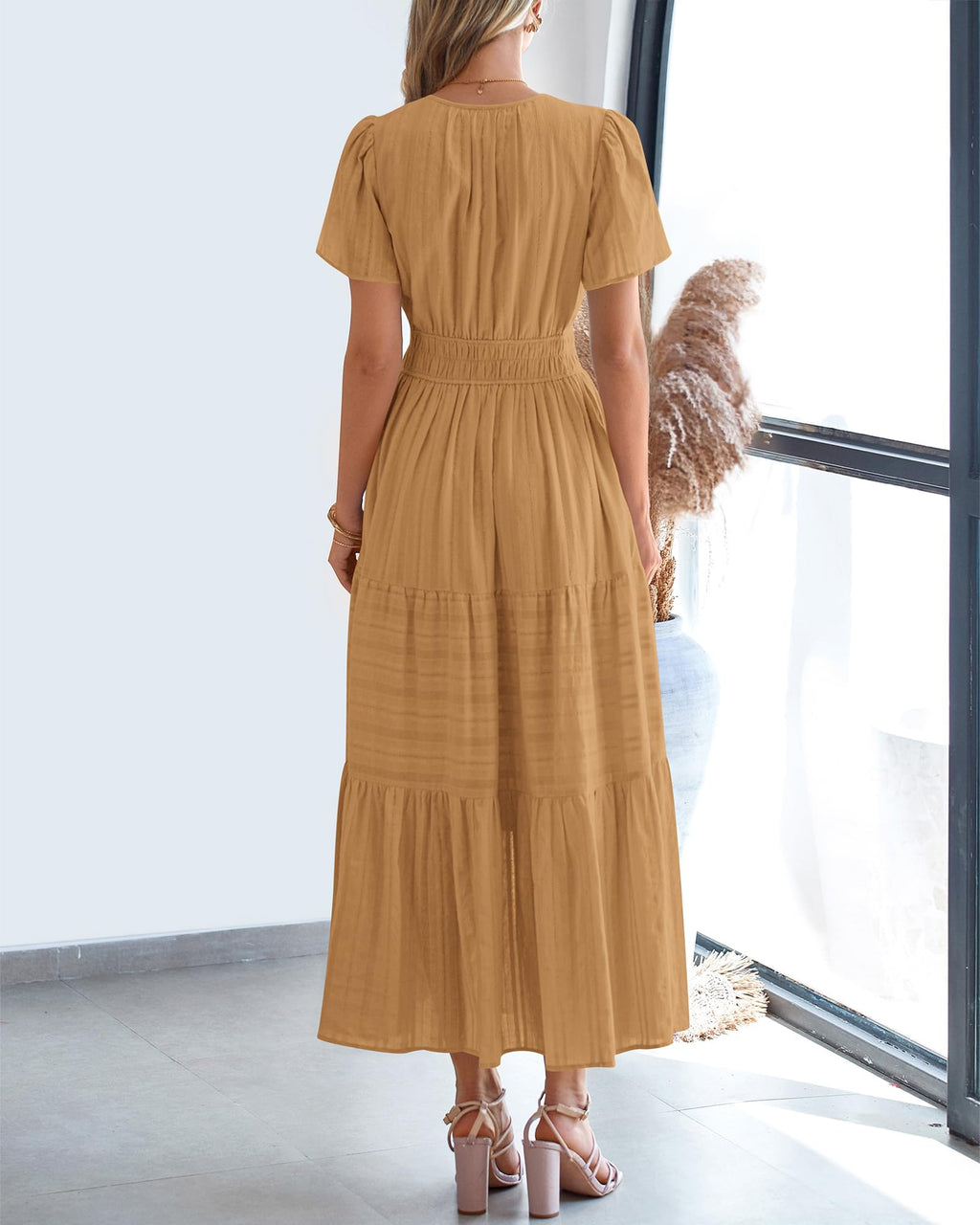 BTFBM Womens Summer Casual Midi Maxi Dresses Lightweight Short Sleeve V Neck Elastic Waist Boho Beach Dress Pockets