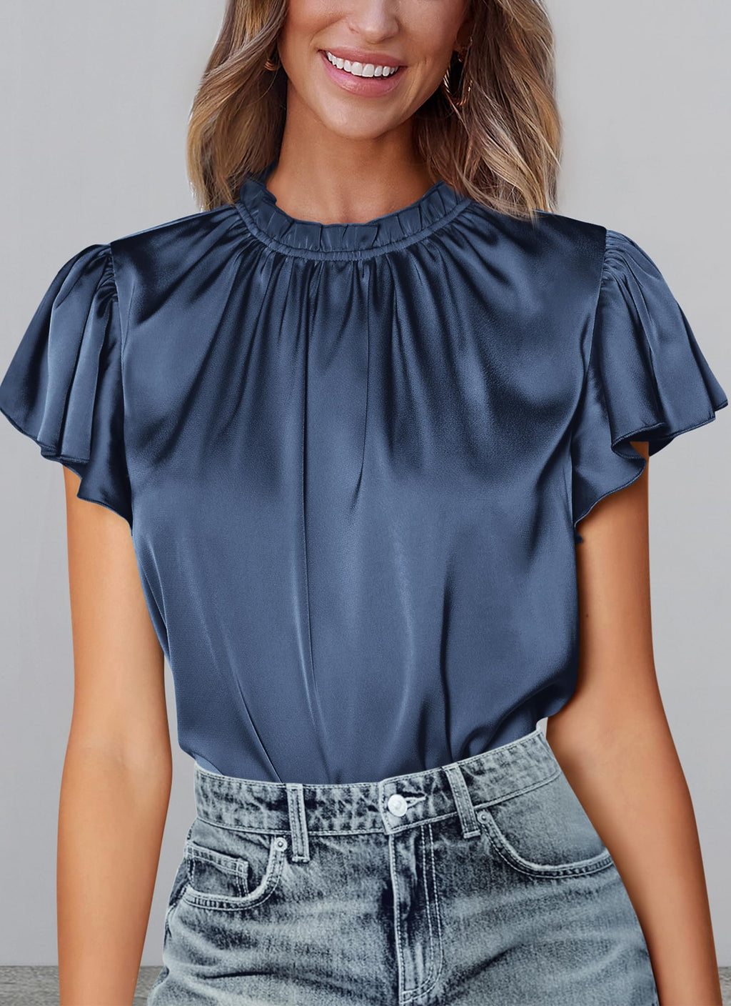 PRETTYGARDEN Business Casual Tops for Women Blouses Dressy  Summer Short Sleeve Ruffle Satin Work Office Attire