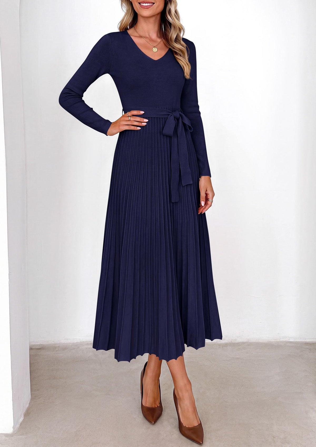 PRETTYGARDEN Womens Fall Maxi Long Sleeve Sweater Dress Soft Stretchy Knit, V Neck A Line Dresses with Bow, Flowy Pleated Hem, Cocktail Party Outfits, Trendy Winter Clothes