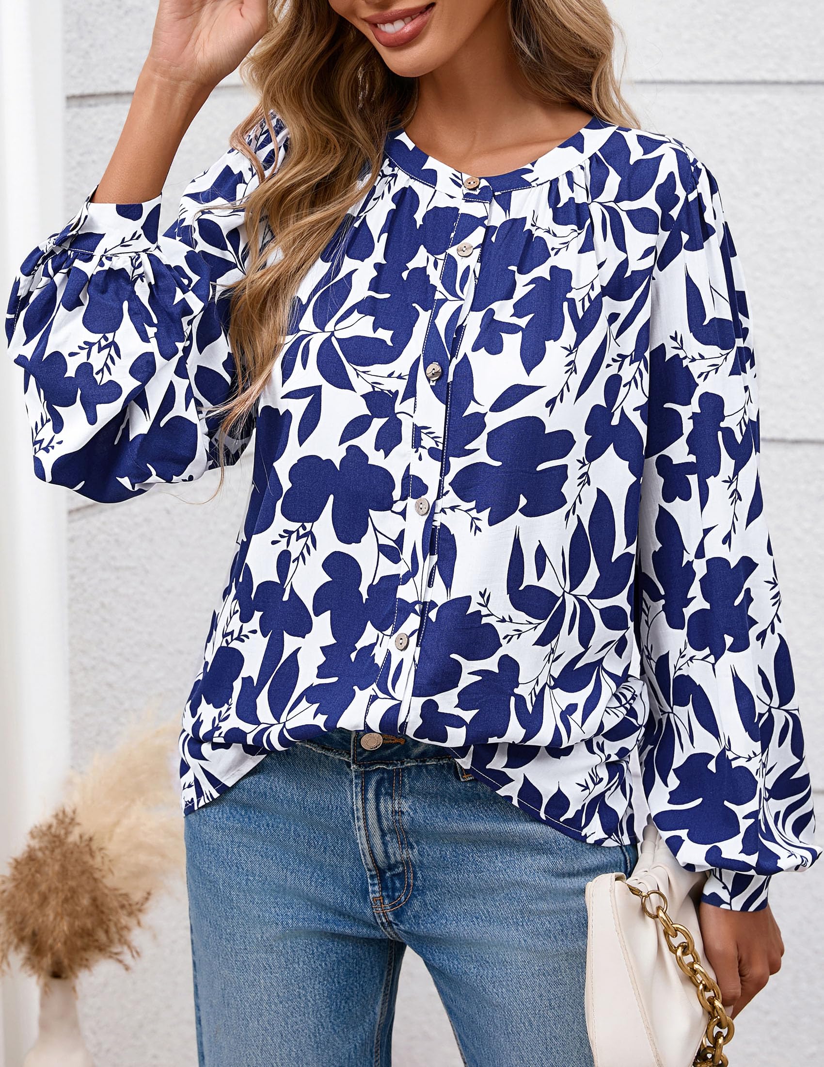 PRETTYGARDEN Women's Floral Button Down Blouse Fall Fashion Dressy Casual Long Sleeve Oversized Shirts Top Boho Clothes