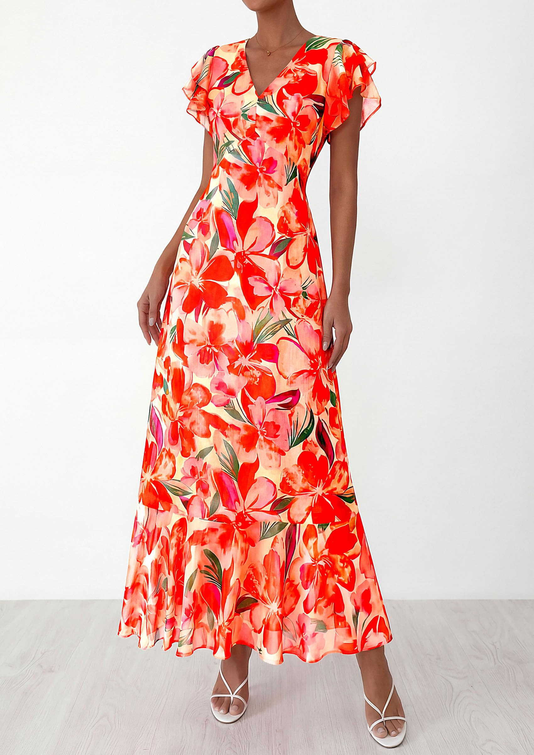 PRETTYGARDEN Womens Summer Floral Maxi Dresses Spring Short Sleeve Ruffle V Neck Flowy Boho Long Beach Vacation Sundress