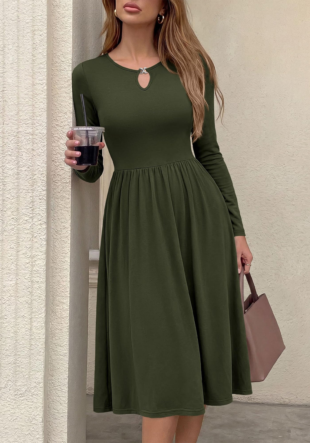FreshPretty Fall Dresses for Women Midi Empire Waist Long Sleeve Dress,Lightweight Soft Knit,Flowy A Line Keyhole Crewneck Pleated Business Casual Teacher Outfits,Dressy Wedding Daily With Pockets
