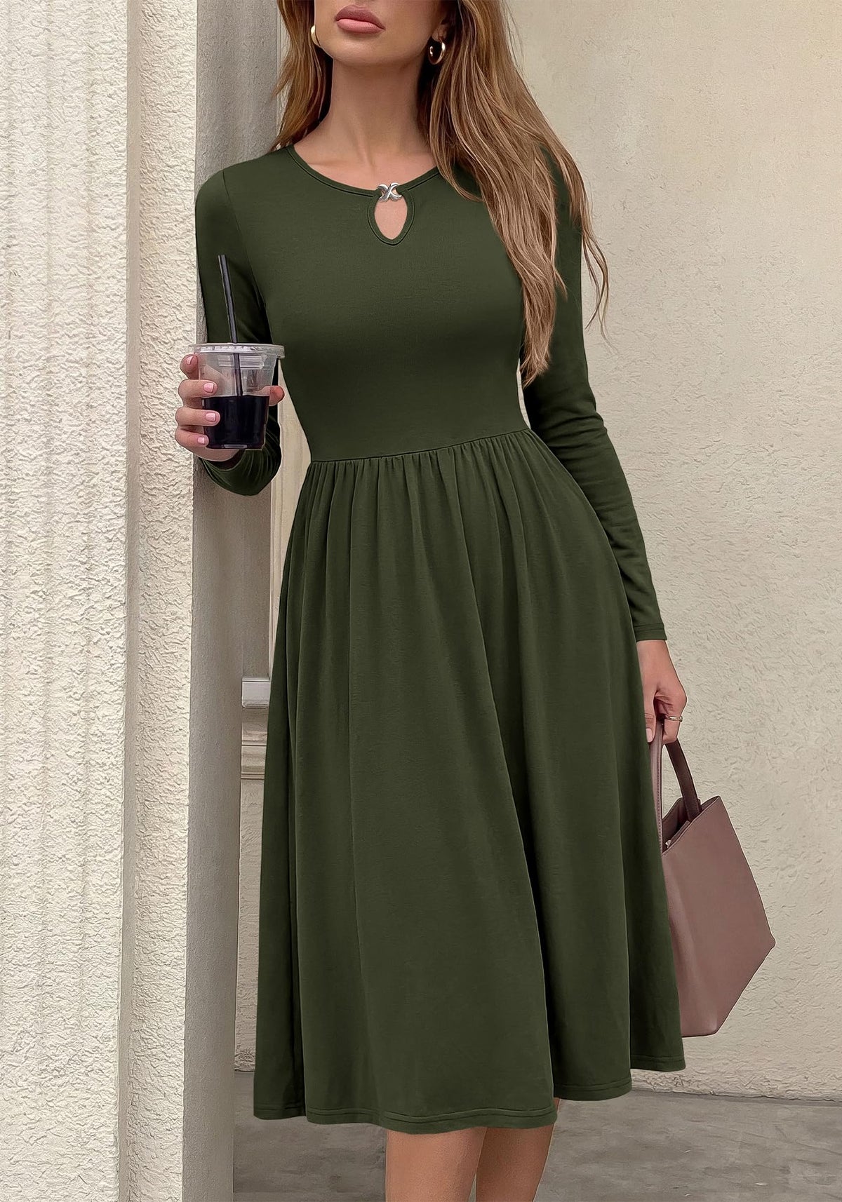 FreshPretty Fall Dresses for Women Midi Empire Waist Long Sleeve Dress,Lightweight Soft Knit,Flowy A Line Keyhole Crewneck Pleated Business Casual Teacher Outfits,Dressy Wedding Daily With Pockets