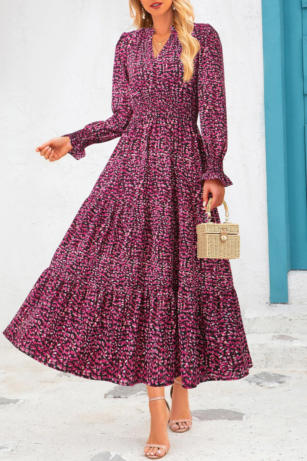 PRETTYGARDEN Women's Floral Maxi Dress Fall Long Sleeve V Neck Casual A Line Long Flowy Boho Party Dresses