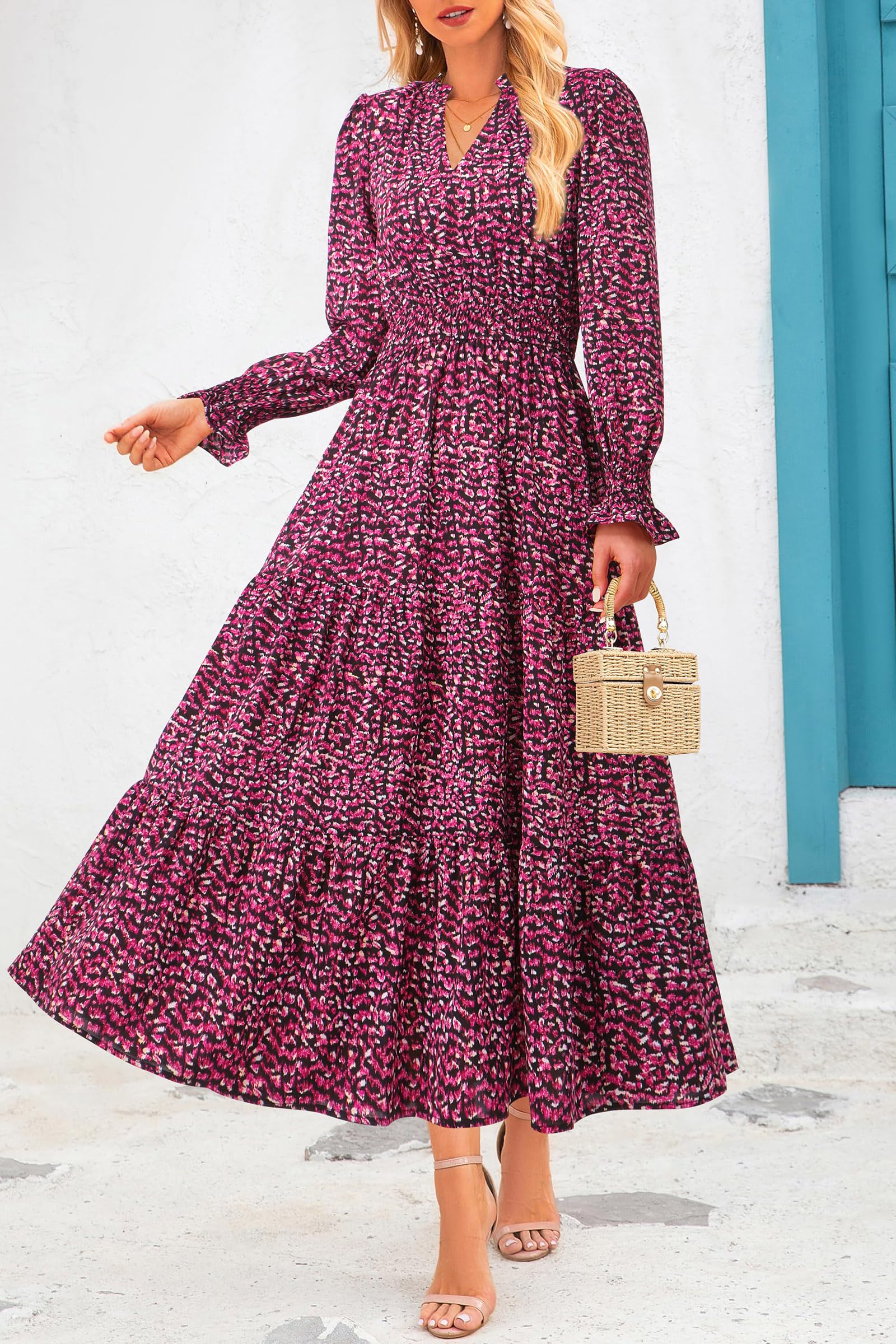 PRETTYGARDEN Women's Floral Maxi Dress Fall Long Sleeve V Neck Casual A Line Long Flowy Boho Party Dresses