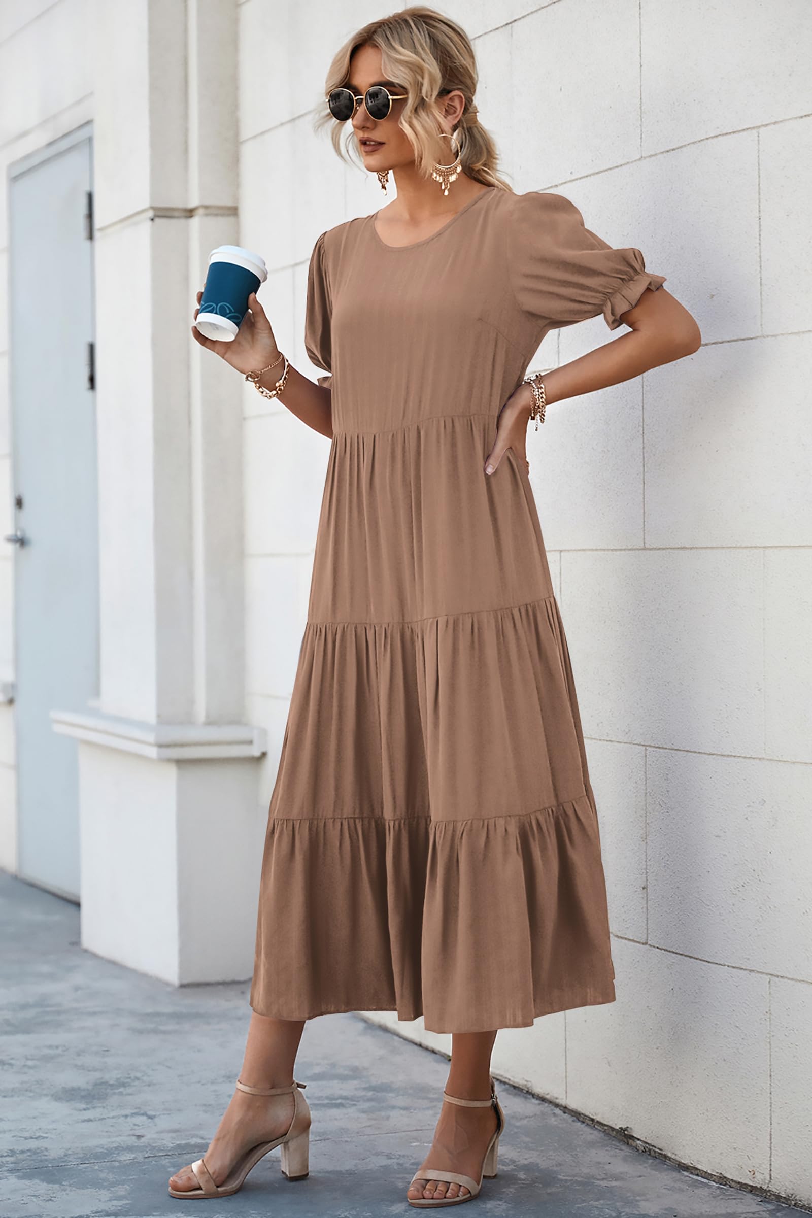 PRETTYGARDEN Summer Dresses for Women Casual Floral Boho Midi Sun Dress Puff Short Sleeve Flowy Beach Vacation Sundress