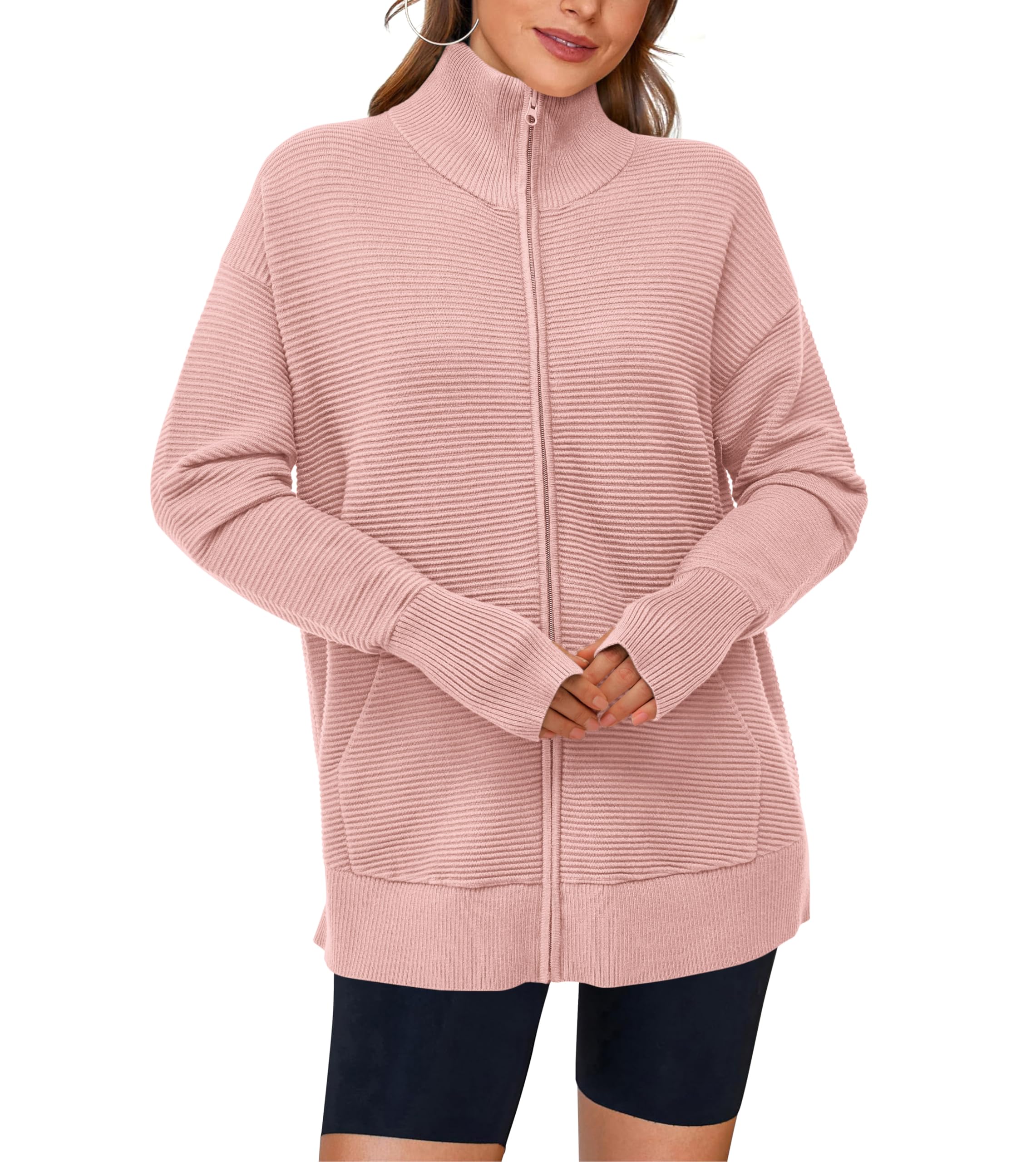 PRETTYGARDEN Womens Fall Long Sleeve Zip Up Cardigan Sweaters Casual Loose Collared Ribbed Knit Tops Jackets Thumb Hole