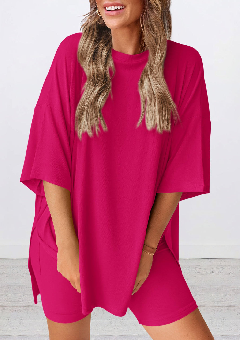 PRETTYGARDEN Women's Two Piece Lounge Set Summer Casual Oversized Shirts Biker Shorts Matching Airport Travel Outfit