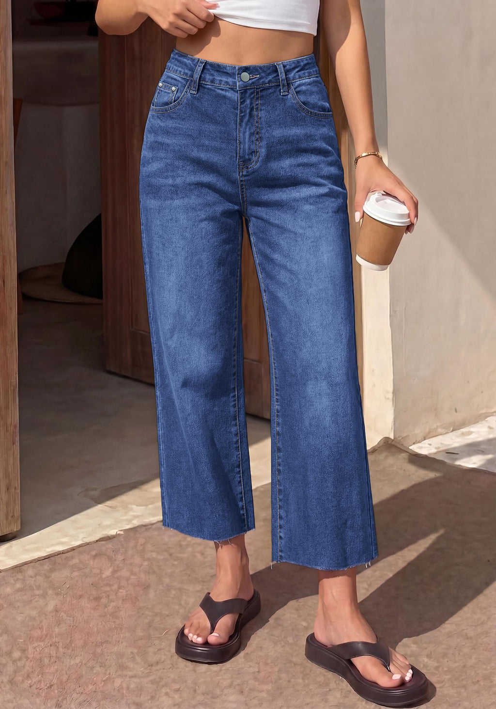 BTFBM Jeans for Women Summer High Waisted Button Straight Leg Stretchy Cropped Raw Hem Trendy Denim Pants Pockets