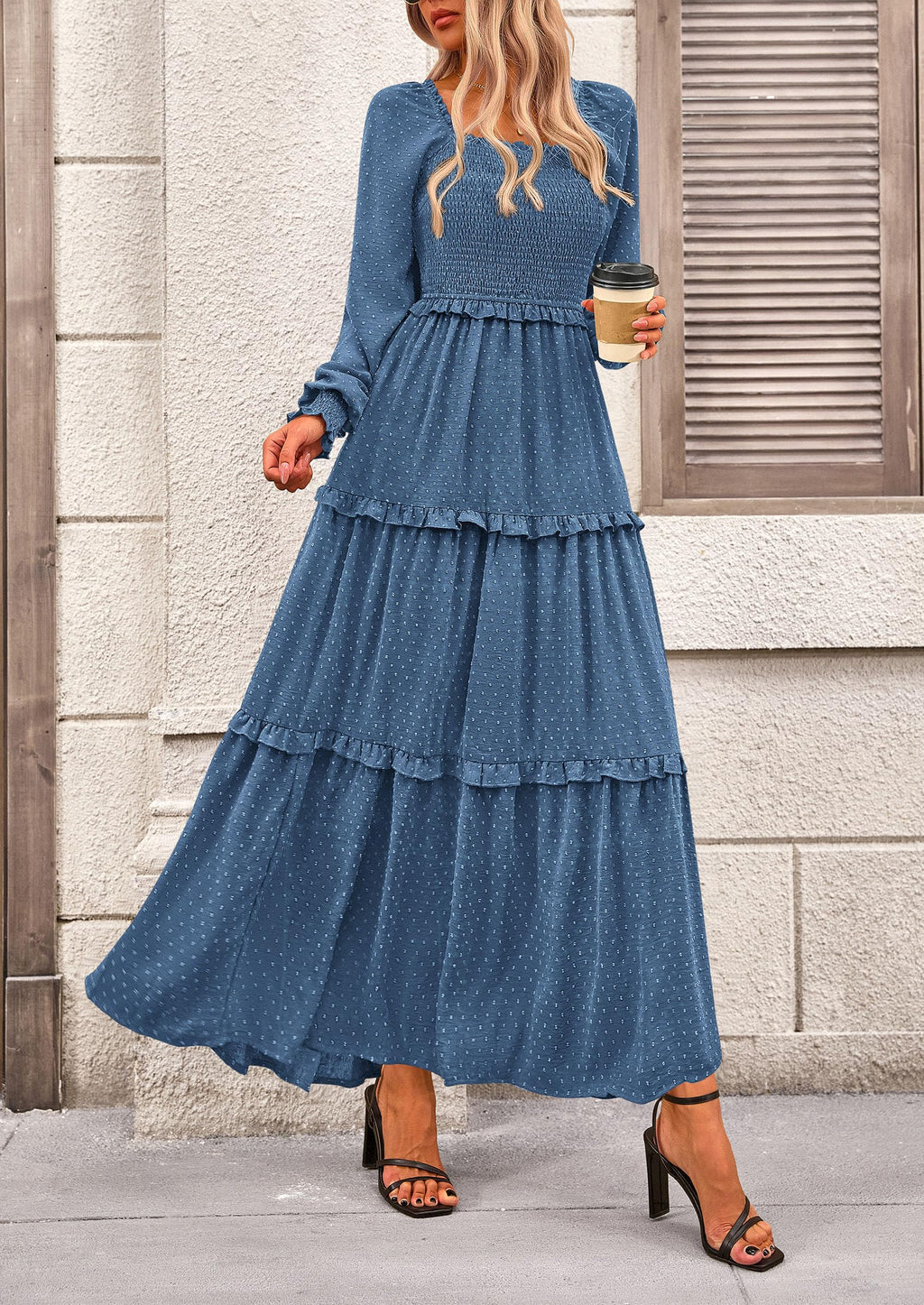 PRETTYGARDEN Fall Dresses for Women Long Sleeve Smocked Square Neck Swiss Dot Tiered Flowy Wedding Guest Maxi Dress