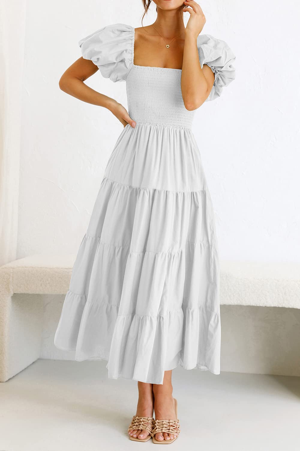 PRETTYGARDEN Women's Casual Summer Midi Dress Puffy Short Sleeve Square Neck Smocked Tiered Ruffle Dresses