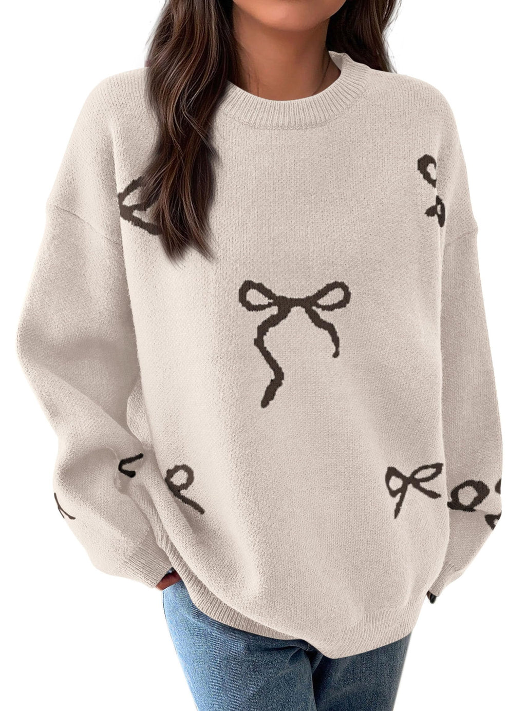 PRETTYGARDEN Fall Long Sleeve Pullover Sweaters for Women Trendy Crewneck Casual Cute Bow Chunky Knit Oversized Sweater