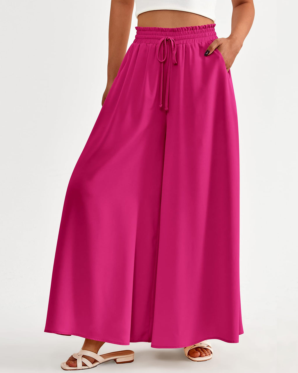 BTFBM Women Casual High Waist Wide Leg Pants Spring Summer Long Palazzo Pants Pocket Lounge Beach Vacation Clothes