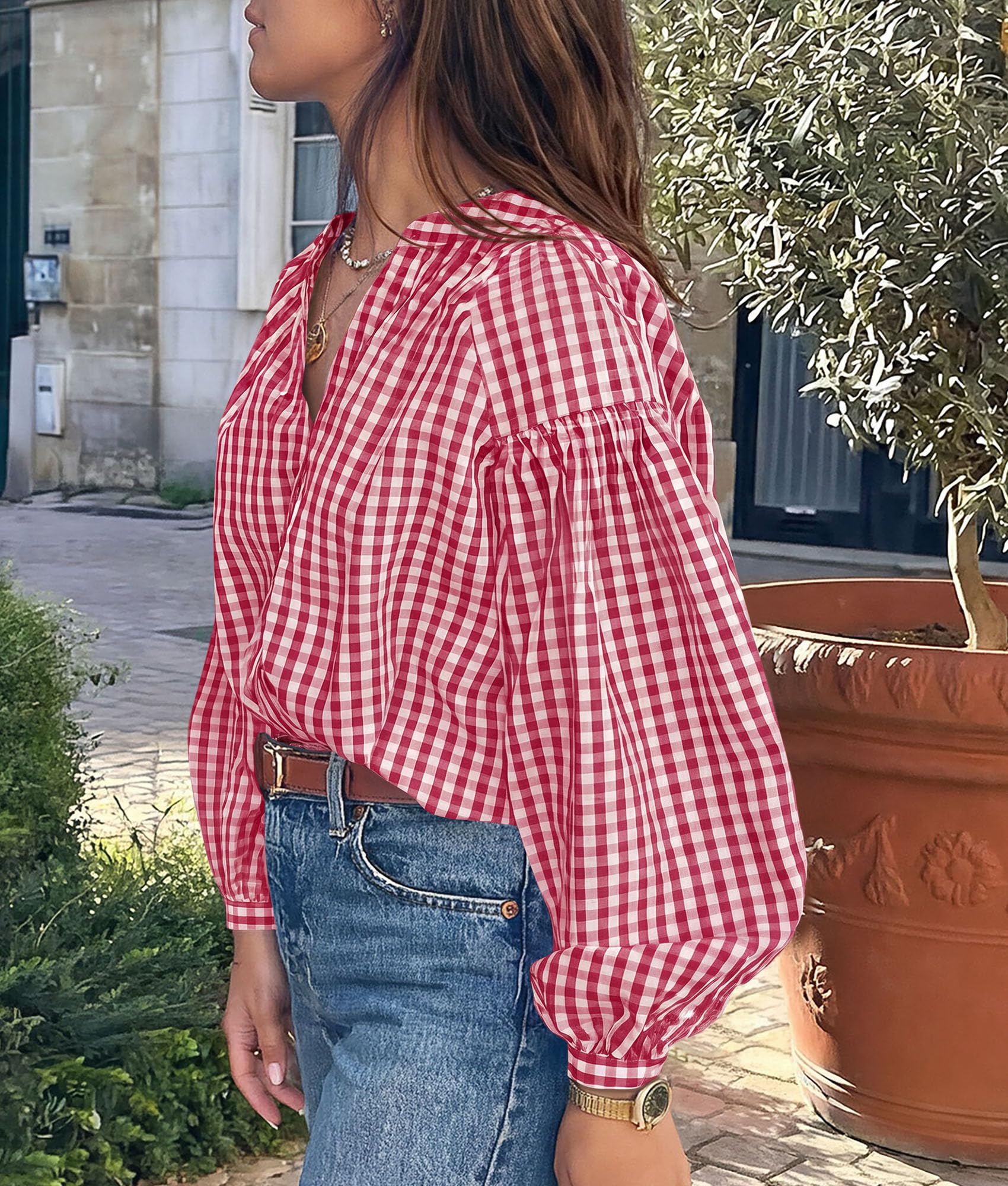 PRETTYGARDEN Women Fall Plaid Long Puff Sleeve Shirts V Neck Casual Blouses Gingham Button Down Oversized, Pleated Drop Shoulder Cotton Tops, Dressy Casual, Work Vacation Travel, Fall Outfits Trendy