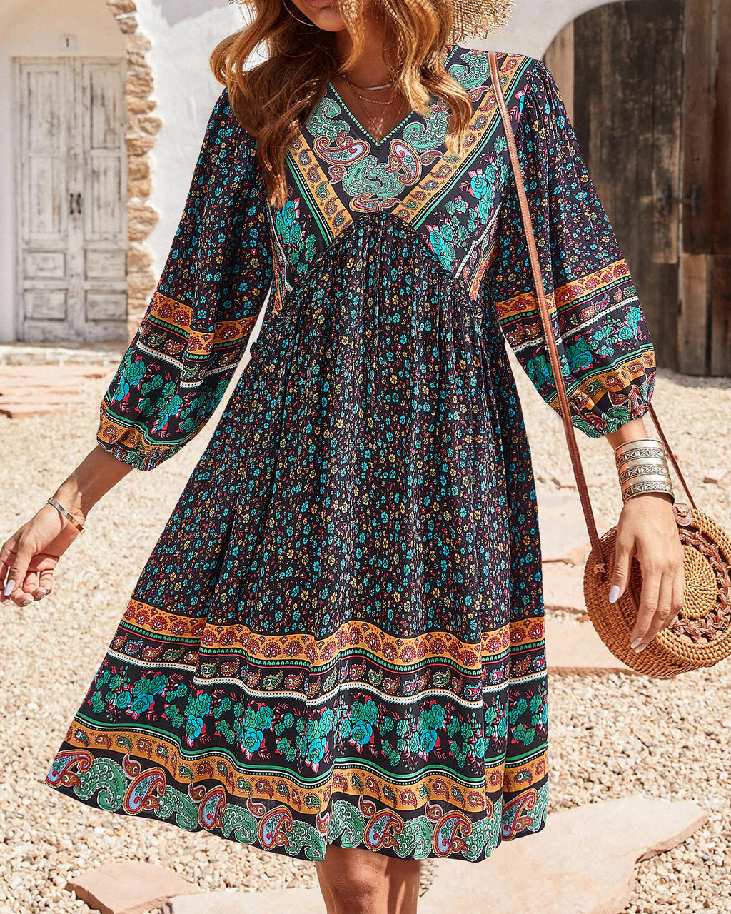 BTFBM Women Casual Spring Summer Dresses V Neck 3/4 Long Sleeve Ruffle Floral Flowy Boho Babydoll Mini Short Beach Dress
