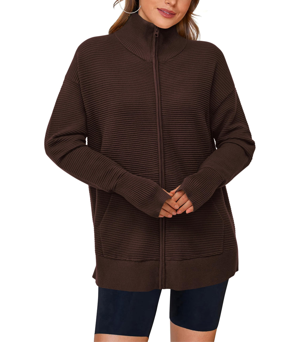 PRETTYGARDEN Womens Fall Long Sleeve Zip Up Cardigan Sweaters Casual Loose Collared Ribbed Knit Tops Jackets Thumb Hole