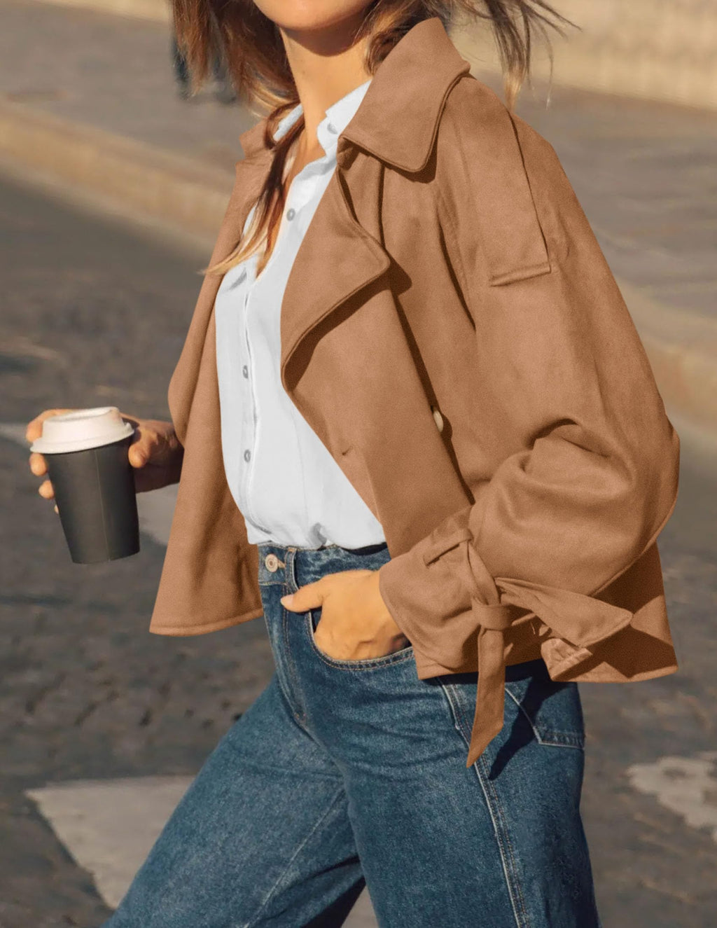PRETTYGARDEN Women Faux Suede Double Breasted Trench Coat Cropped Jackets Raglan Long Sleeve,Lapel,Tie Cuff,Button Down,Fall Fashion Outerwear,Winter Clothes,Work Office Casual Short Jacket