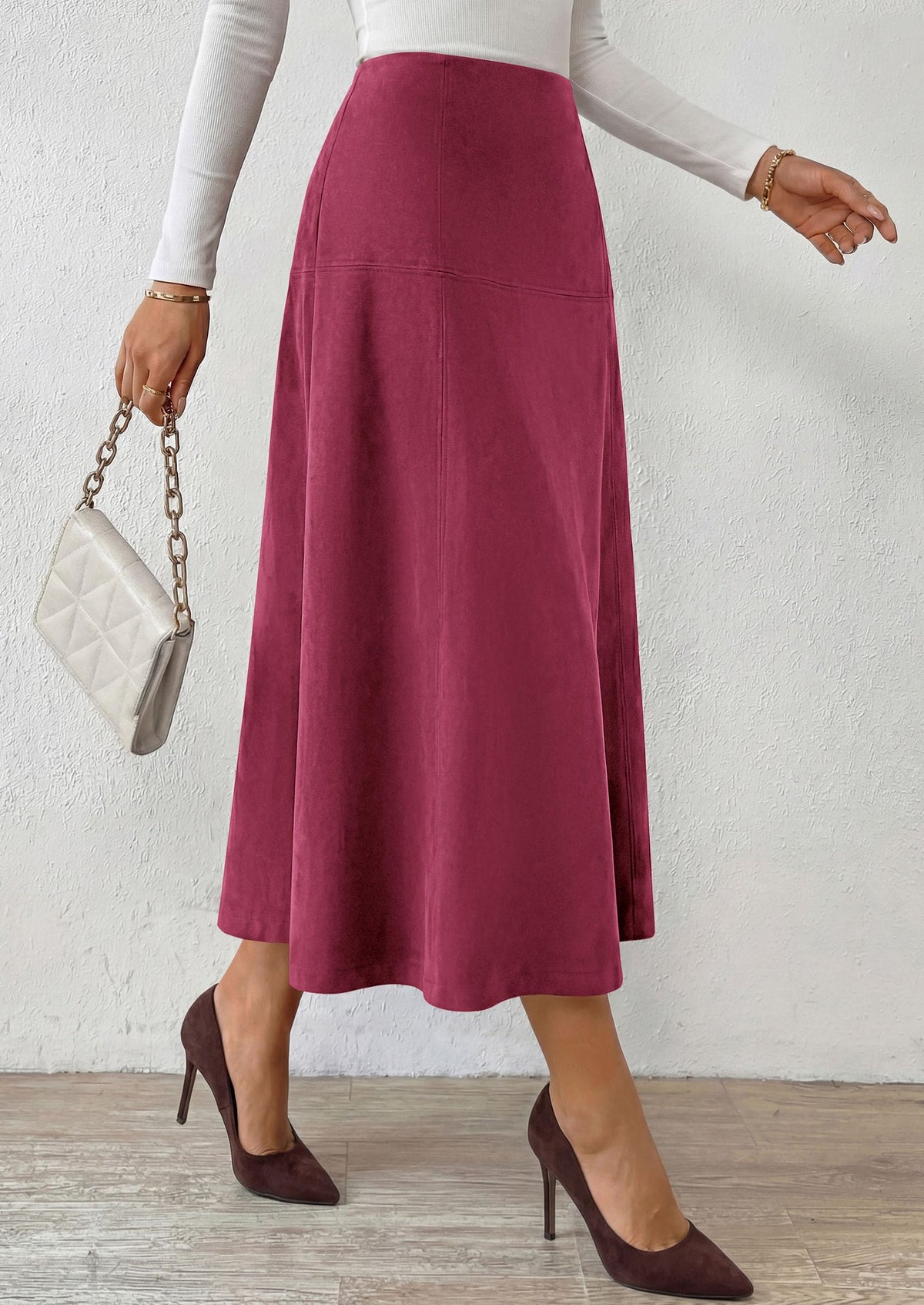 PRETTYGARDEN Womens High Waist Faux Suede A Line Midi Skirt | Hidden Stretch Elastic Waist, Front Back Panel Stitching, Vintage Elegant Mid-Calf Long Skirts for Fall Winter Office Daily