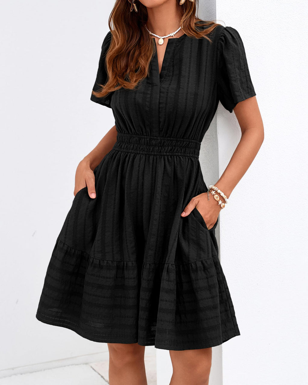 BTFBM Womens Spring  Casual Mini Dresses Lightweight Short Sleeve V Neck Elastic Waist Cute Boho Beach Dress Pockets