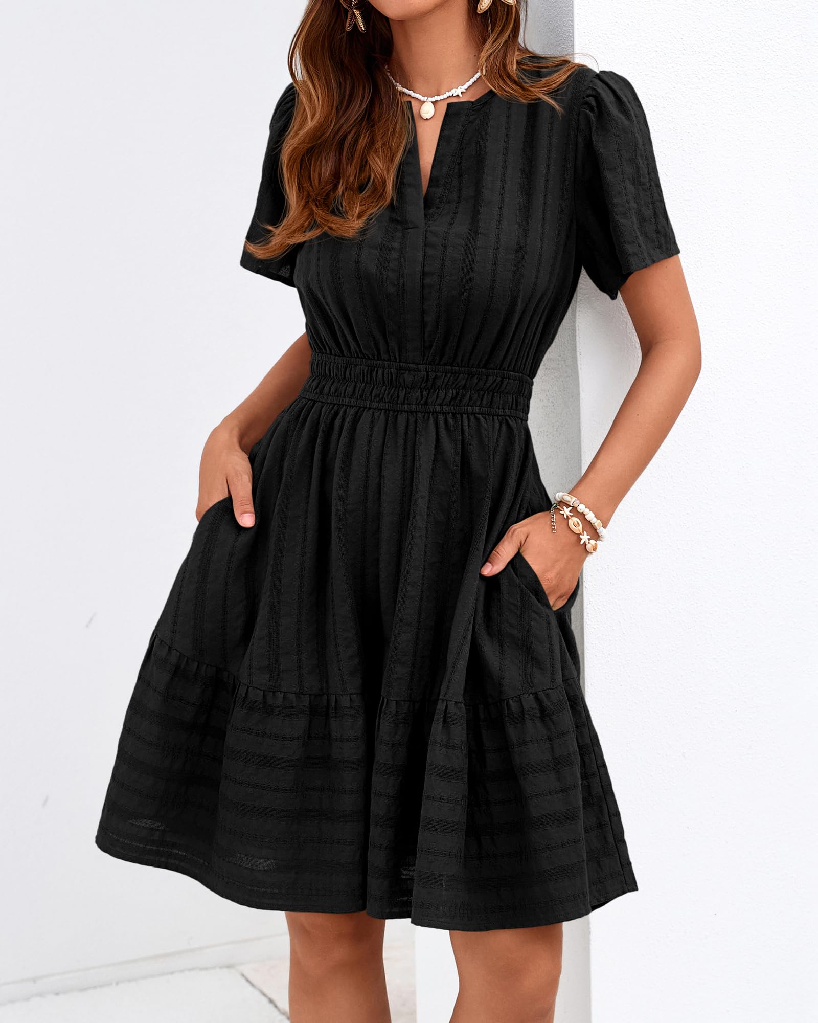 BTFBM Womens Spring  Casual Mini Dresses Lightweight Short Sleeve V Neck Elastic Waist Cute Boho Beach Dress Pockets