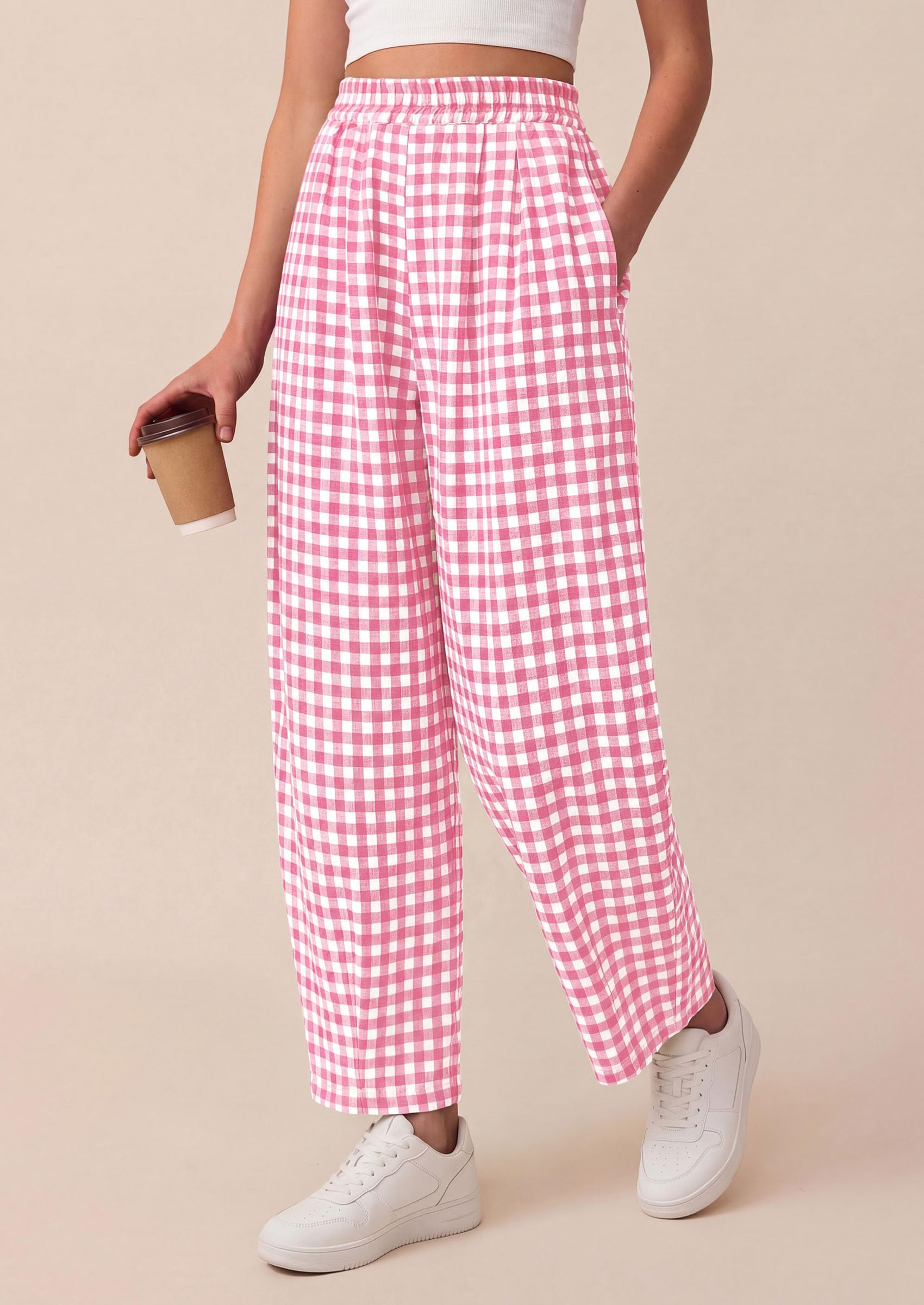 PRETTYGARDEN Plaid Barrel Pants Women Summer Casual Loose Wide Leg Lounge Gingham Trousers Spring Fashion Beach Bottoms