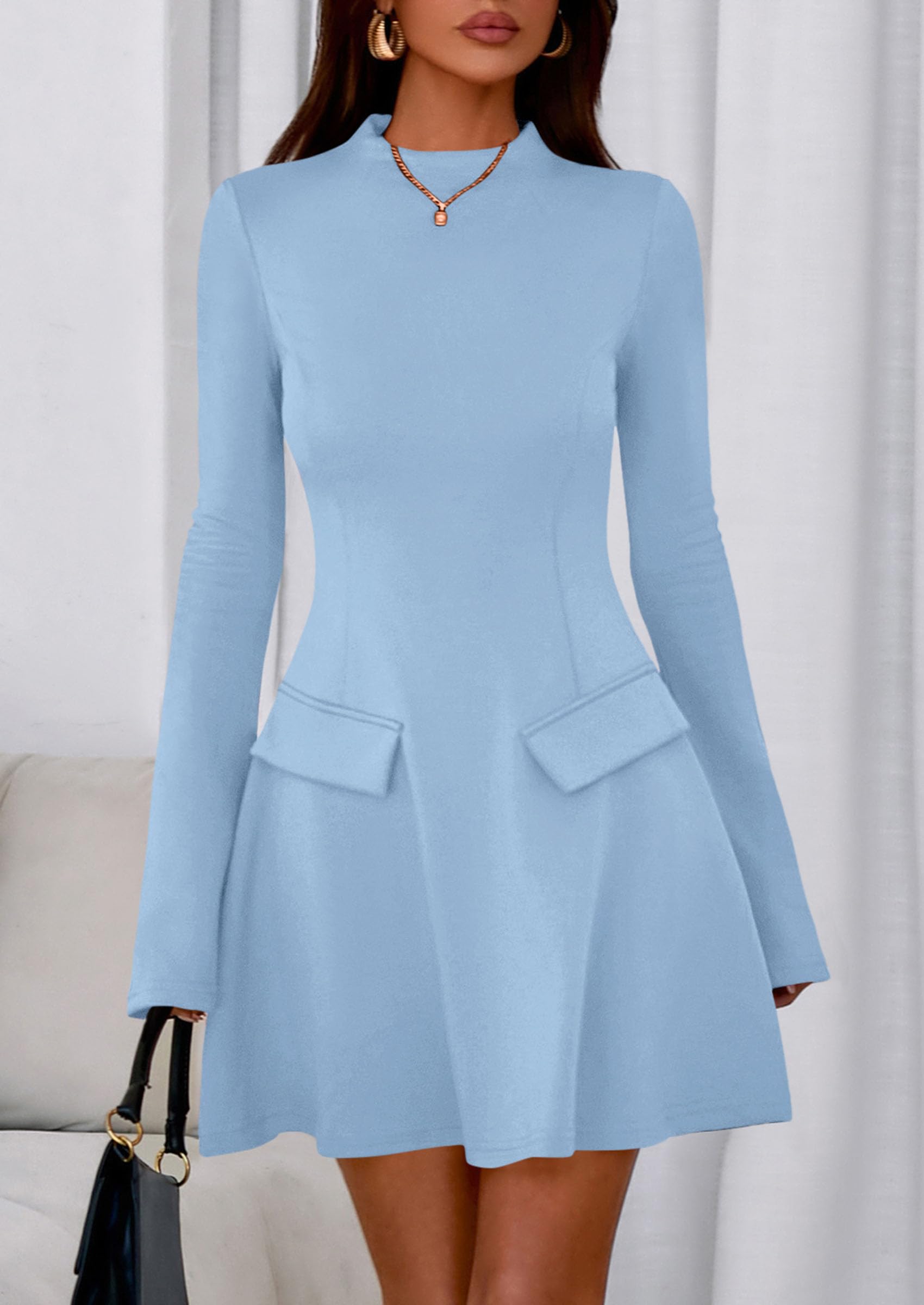 PRETTYGARDEN Women's Elegant Holiday Short Dress  Fall Bell Long Sleeve Mock Neck Work Business Casual Party Mini Dress
