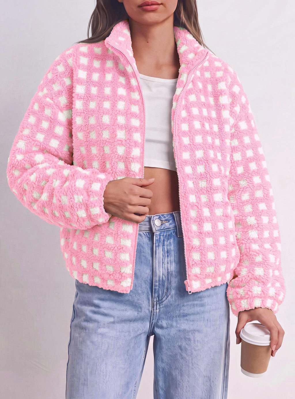PRETTYGARDEN Women's Gingham Sherpa Fleece Jacket Plaid Cropped Teddy Coat Trendy Y2K Winter Jacket, Zip Up Stand Collar, Side Pockets, Fall Outfit for Casual Daily, Going Out, Streetwear, Outdoor