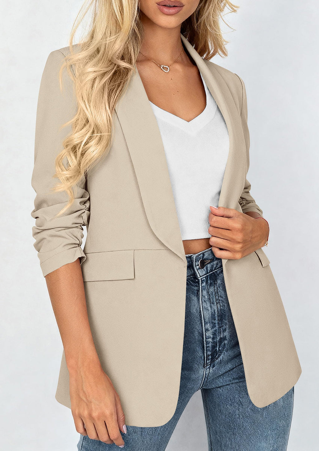 PRETTYGARDEN Women's Summer Blazers Business Casual Outfits | Ruched 3/4 Sleeve,Shawl Lapel,Collared Open Front,Padded Shoulder,Lightweight Jackets,Office Work Suits,Spring Fall Clothes