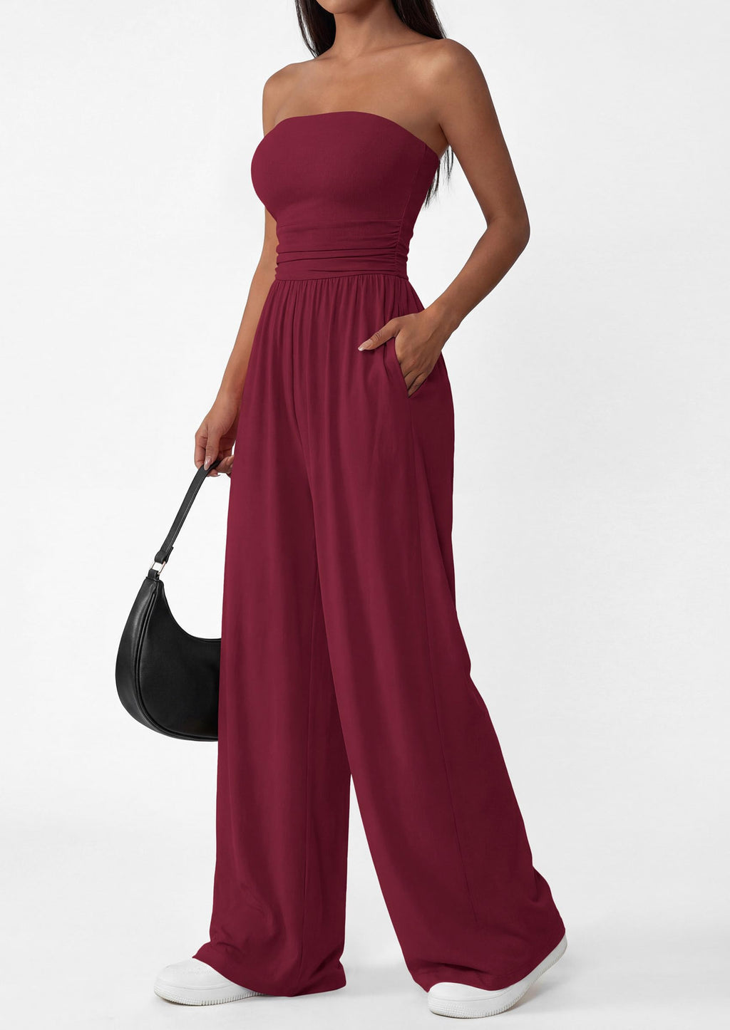PRETTYGARDEN Womens Trendy Strapless Rompers Ruched Tube Top Wide Leg One Piece Jumpsuits Beach Vacation Summer Outfits