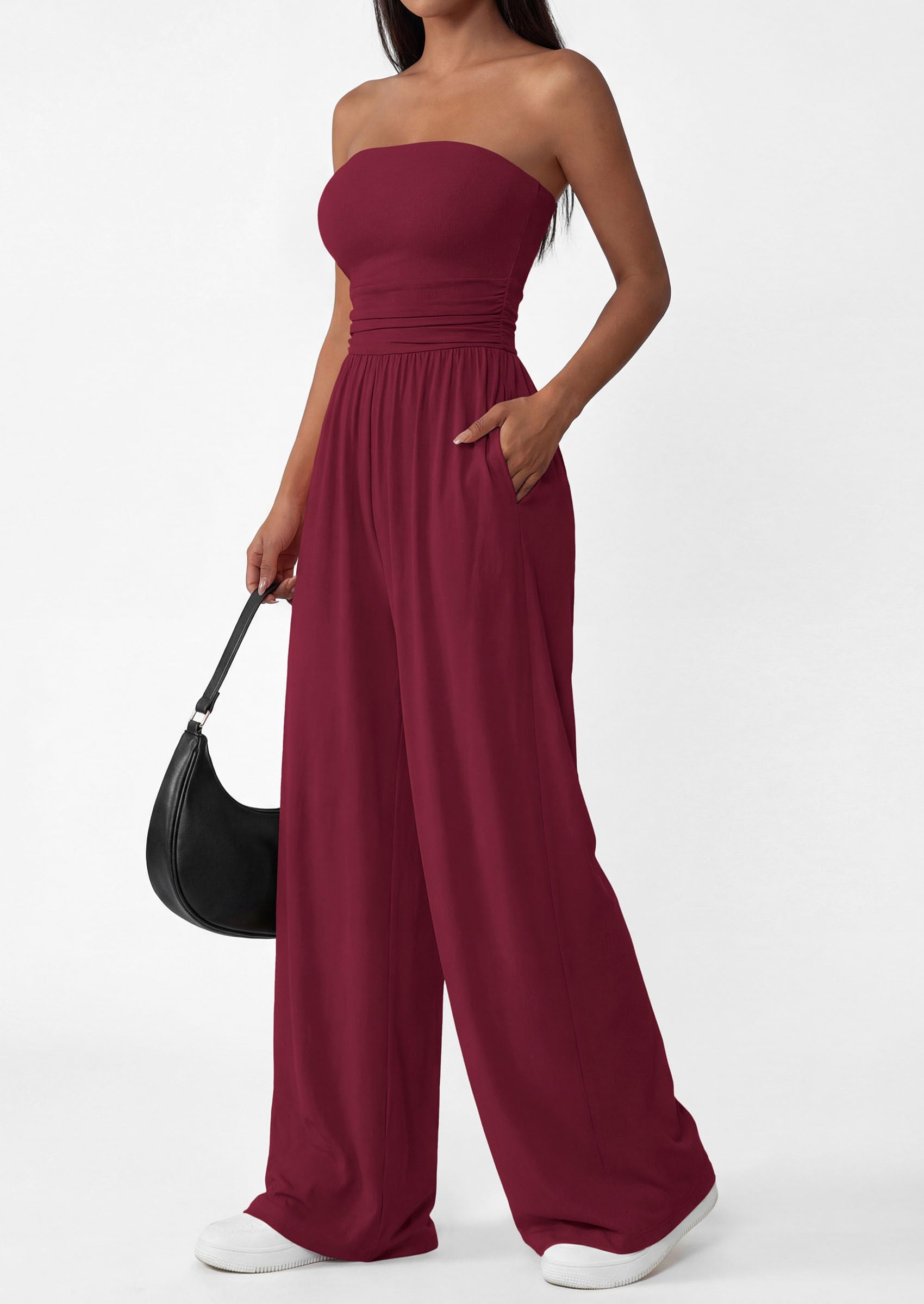 PRETTYGARDEN Womens Trendy Strapless Rompers Ruched Tube Top Wide Leg One Piece Jumpsuits Beach Vacation Summer Outfits